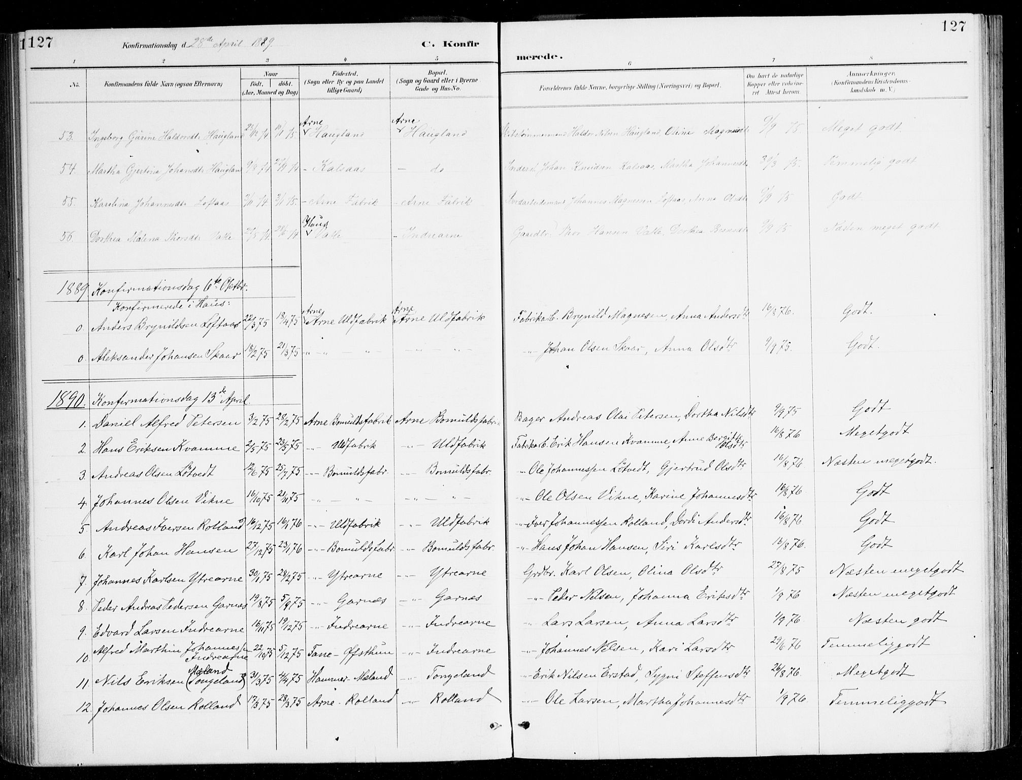 Haus sokneprestembete, SAB/A-75601/H/Haa/Haad/L0001: Parish register (official) no. D 1, 1887-1898, p. 127