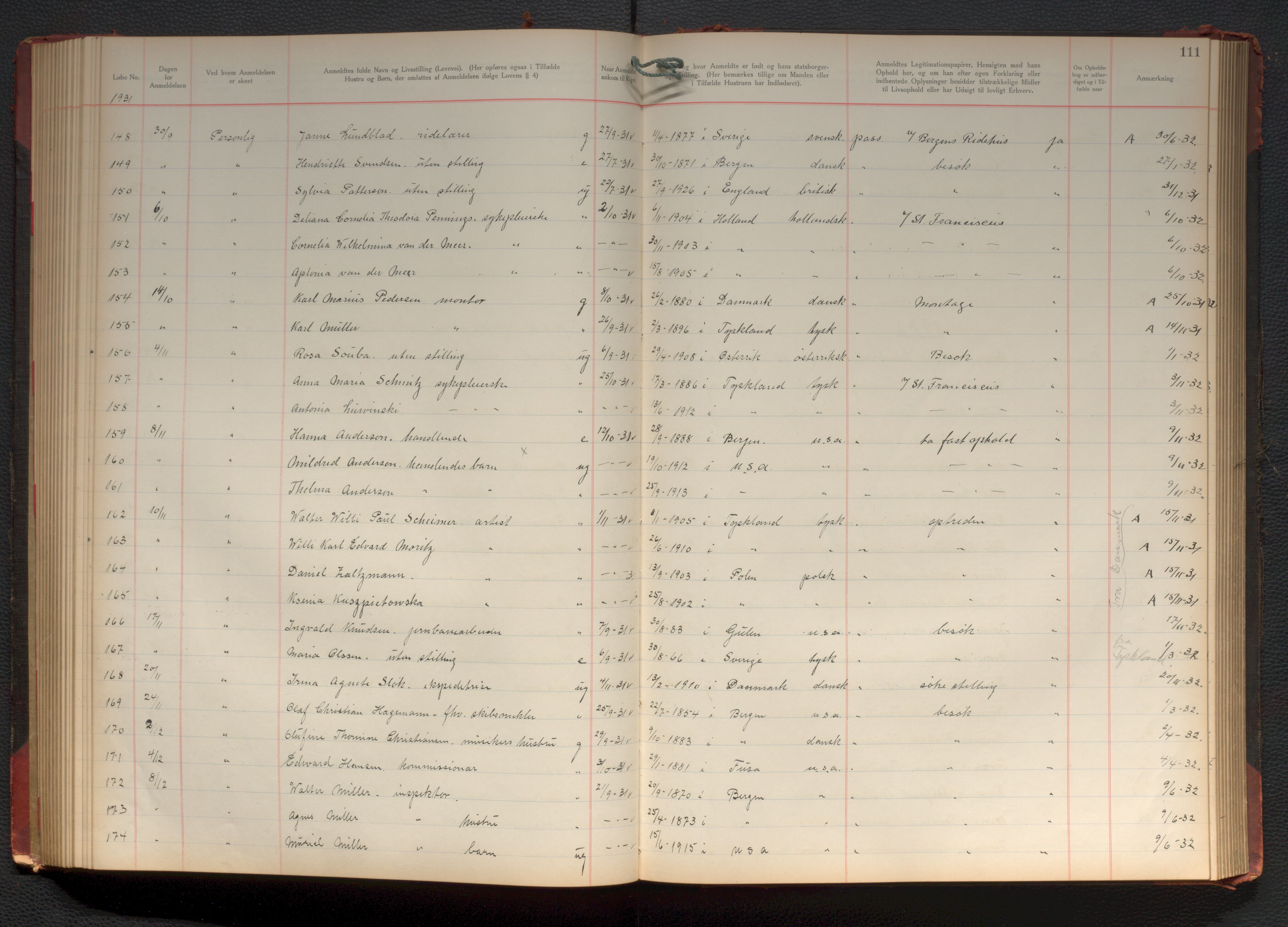 Bergen politikammer / politidistrikt, AV/SAB-A-60401/J.d/L0004: Fremmedprotokoll, 1925-1936, p. 111