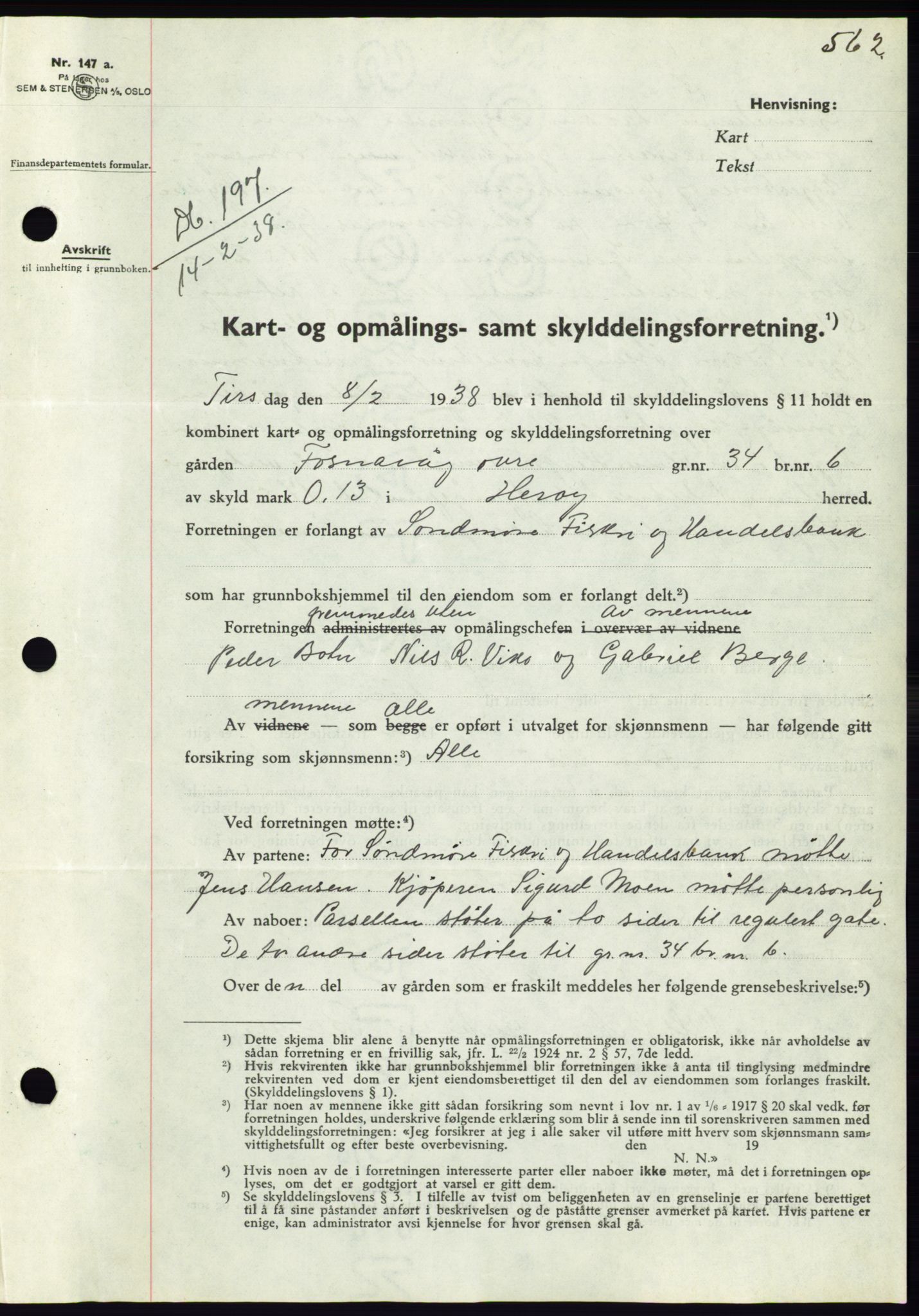 Søre Sunnmøre sorenskriveri, AV/SAT-A-4122/1/2/2C/L0064: Mortgage book no. 58, 1937-1938, Diary no: : 197/1938