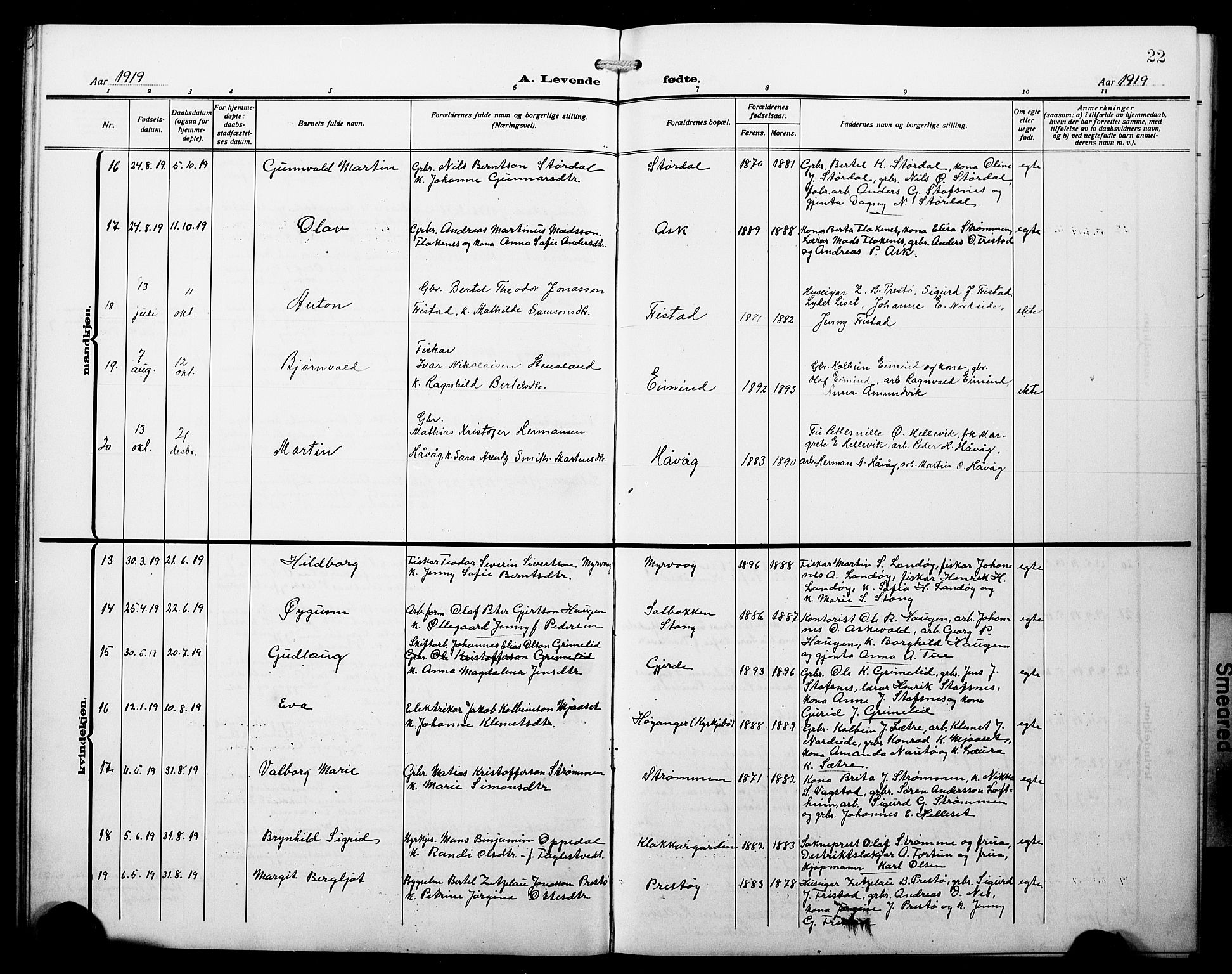 Askvoll sokneprestembete, AV/SAB-A-79501/H/Hab/Haba/L0004: Parish register (copy) no. A 4, 1913-1929, p. 22