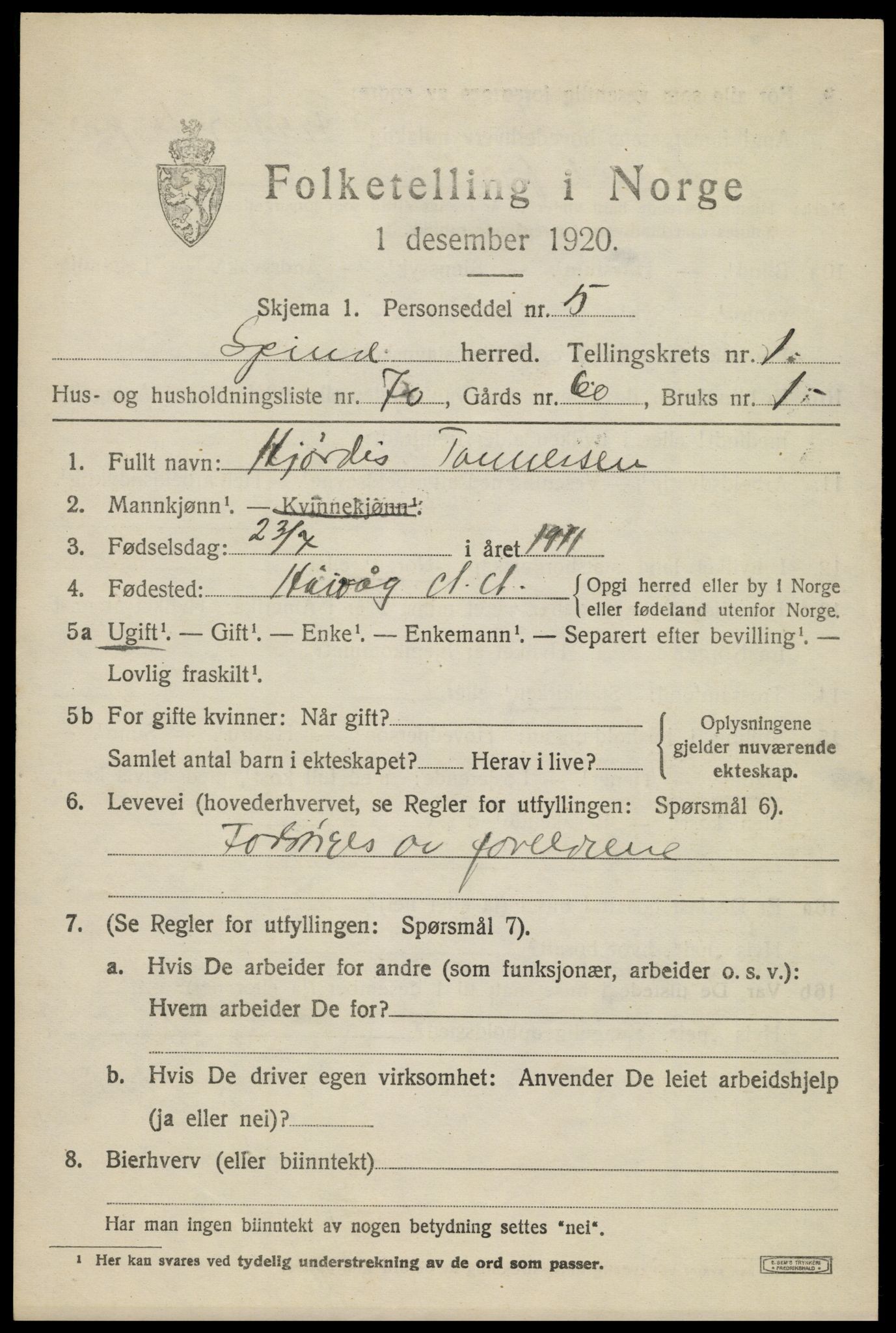 SAK, 1920 census for Spind, 1920, p. 1131