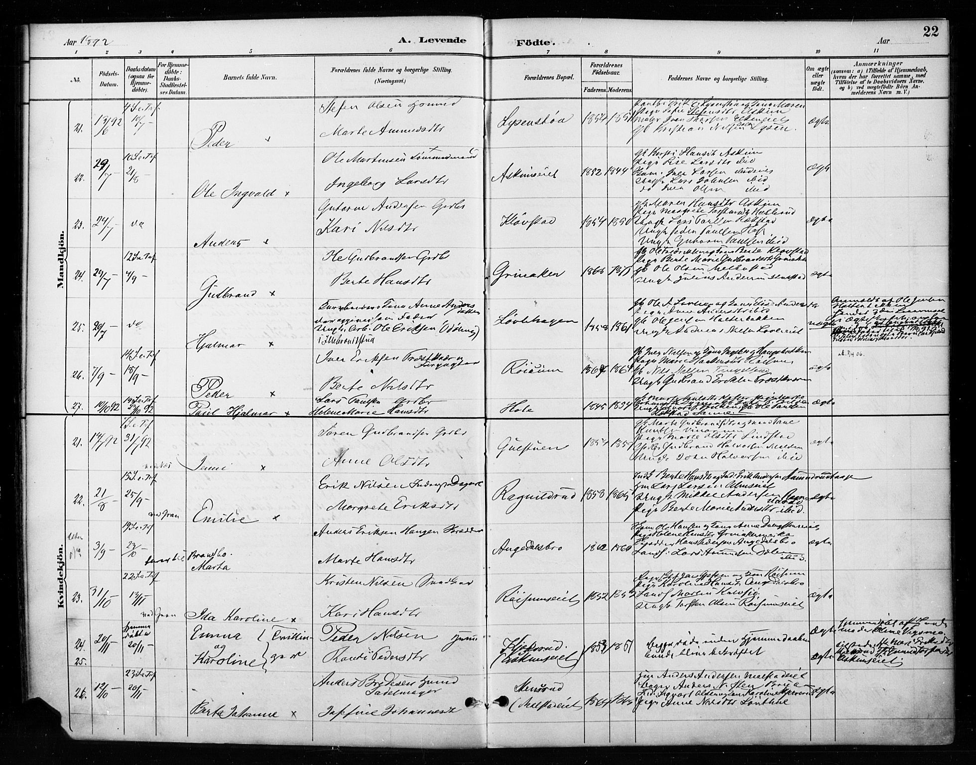 Gran prestekontor, SAH/PREST-112/H/Ha/Haa/L0018: Parish register (official) no. 18, 1889-1899, p. 22