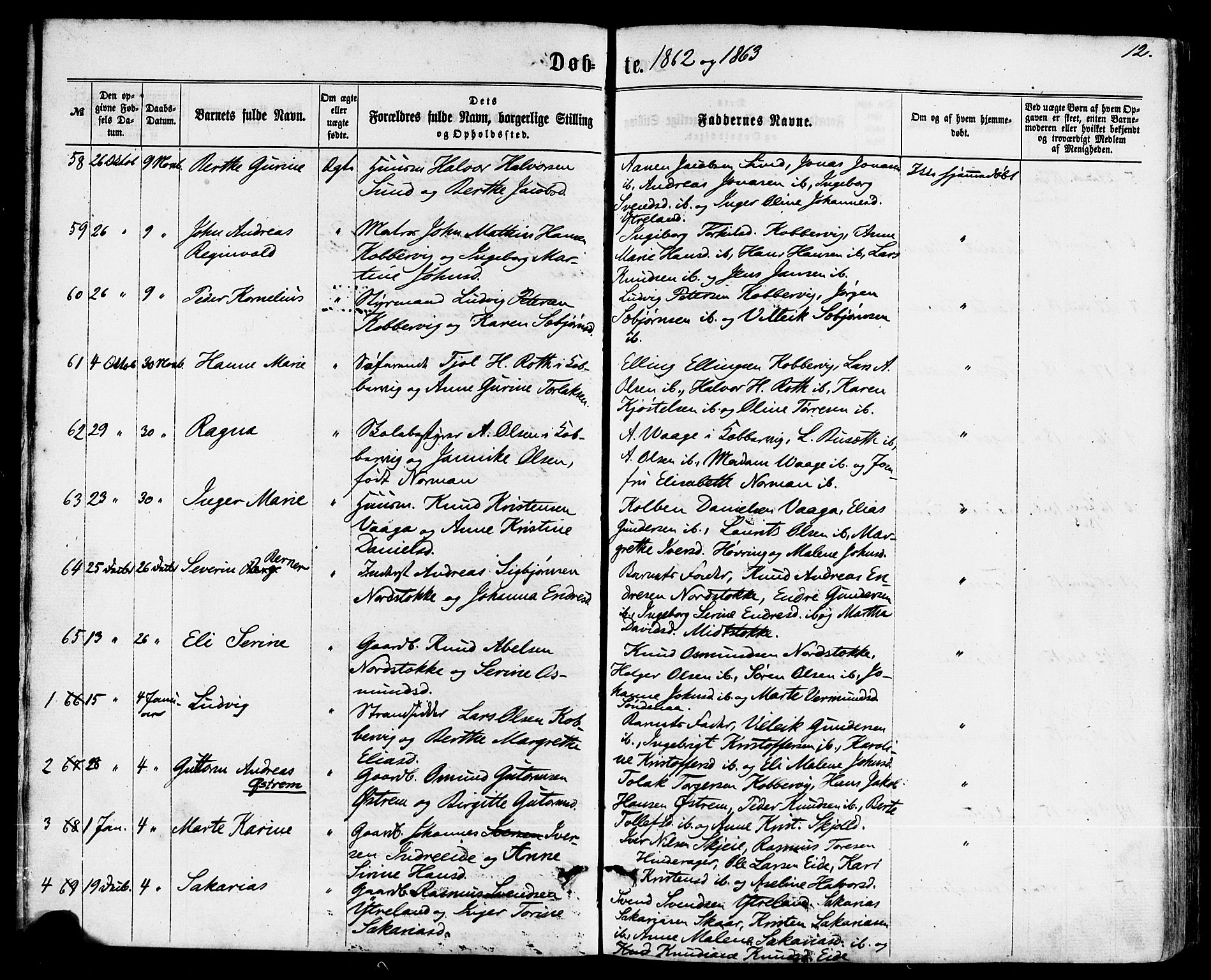 Avaldsnes sokneprestkontor, SAST/A -101851/H/Ha/Haa/L0011: Parish register (official) no. A 11, 1861-1880, p. 12