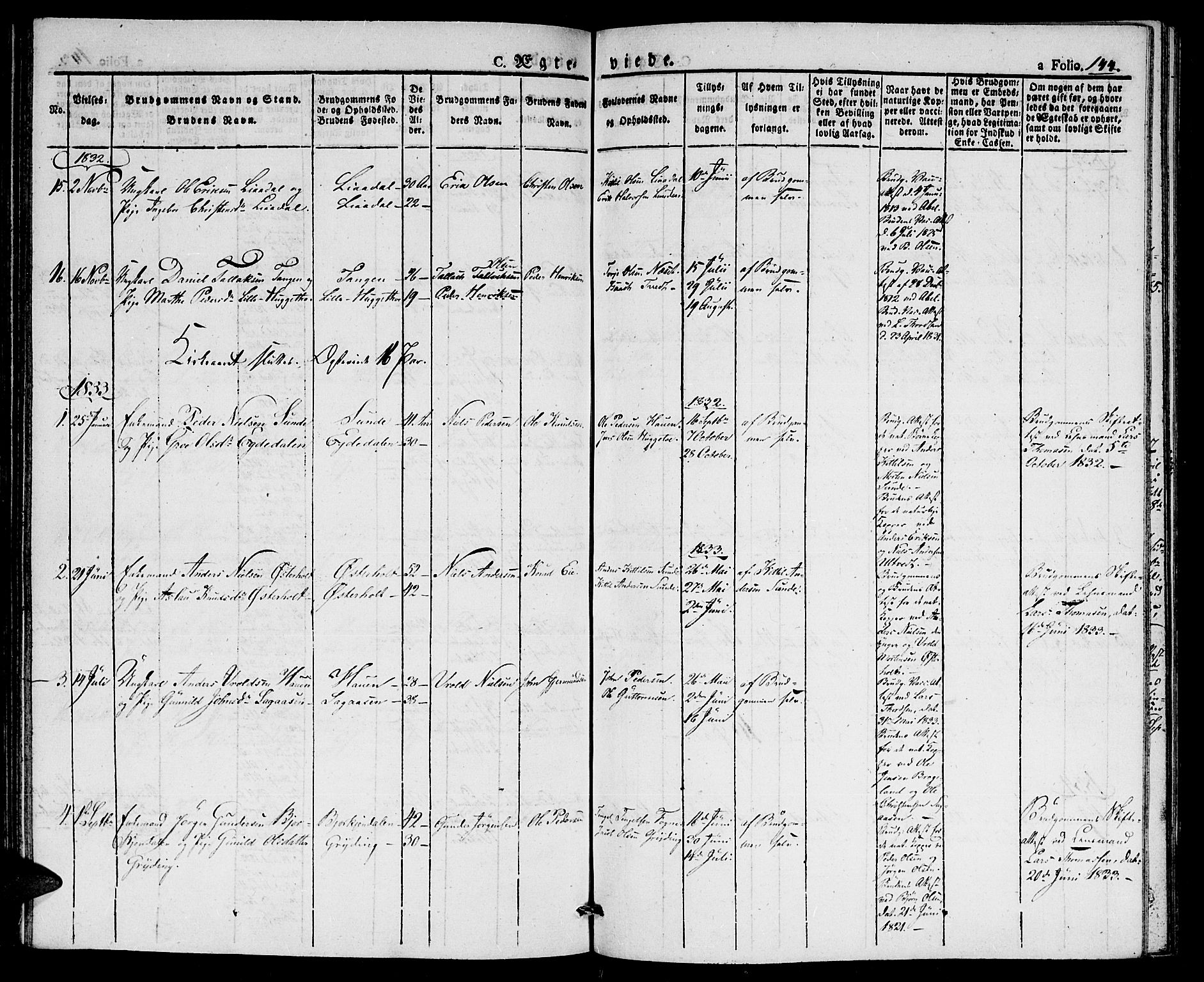 Gjerstad sokneprestkontor, SAK/1111-0014/F/Fa/Faa/L0005: Parish register (official) no. A 5, 1829-1841, p. 144