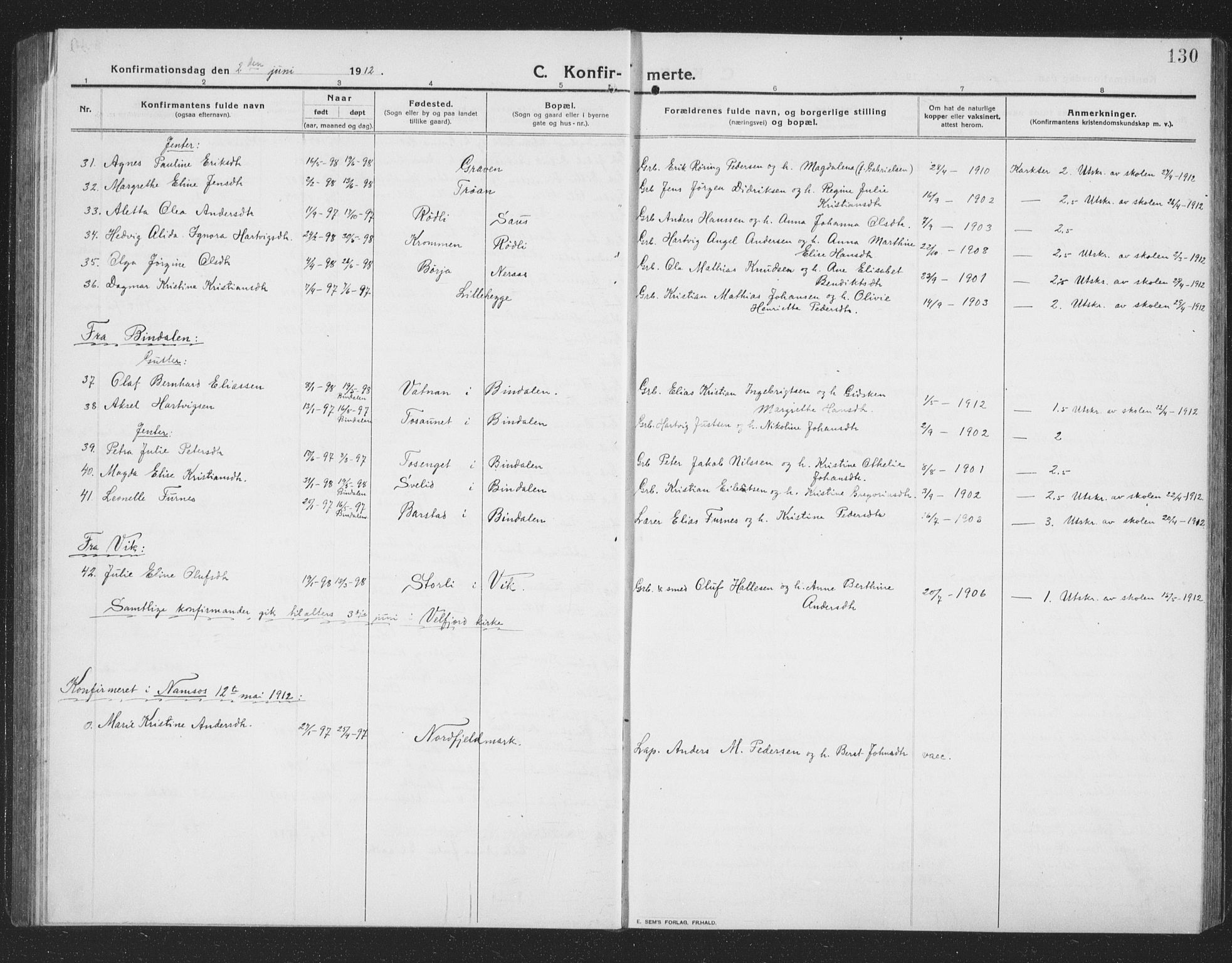 Ministerialprotokoller, klokkerbøker og fødselsregistre - Nordland, AV/SAT-A-1459/814/L0231: Parish register (copy) no. 814C04, 1912-1926, p. 130