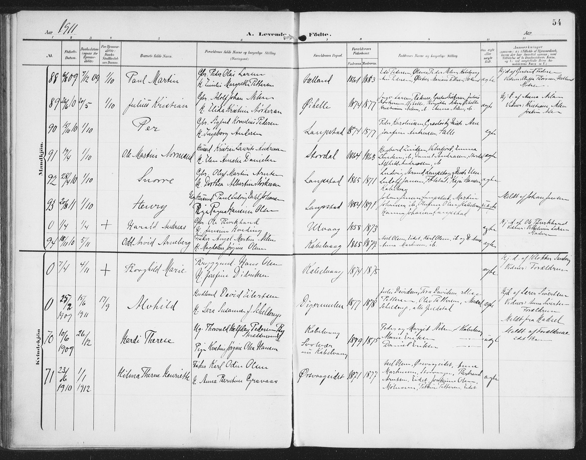 Ministerialprotokoller, klokkerbøker og fødselsregistre - Nordland, AV/SAT-A-1459/874/L1063: Parish register (official) no. 874A07, 1907-1915, p. 54