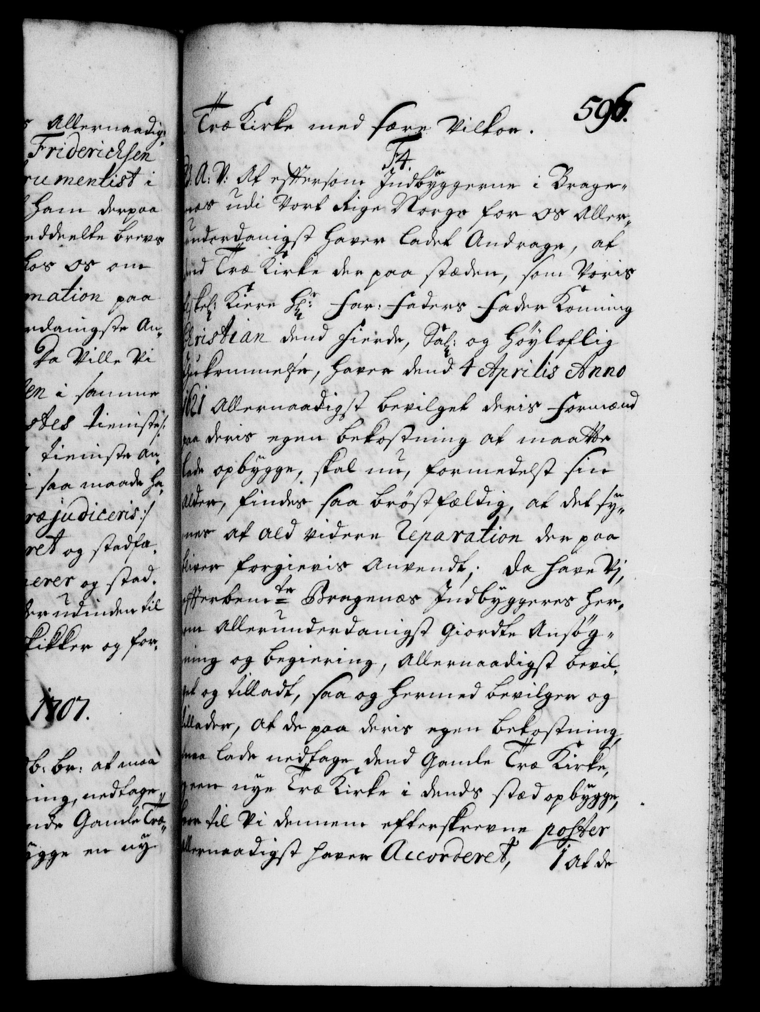 Danske Kanselli 1572-1799, AV/RA-EA-3023/F/Fc/Fca/Fcaa/L0019: Norske registre, 1704-1707, p. 596a