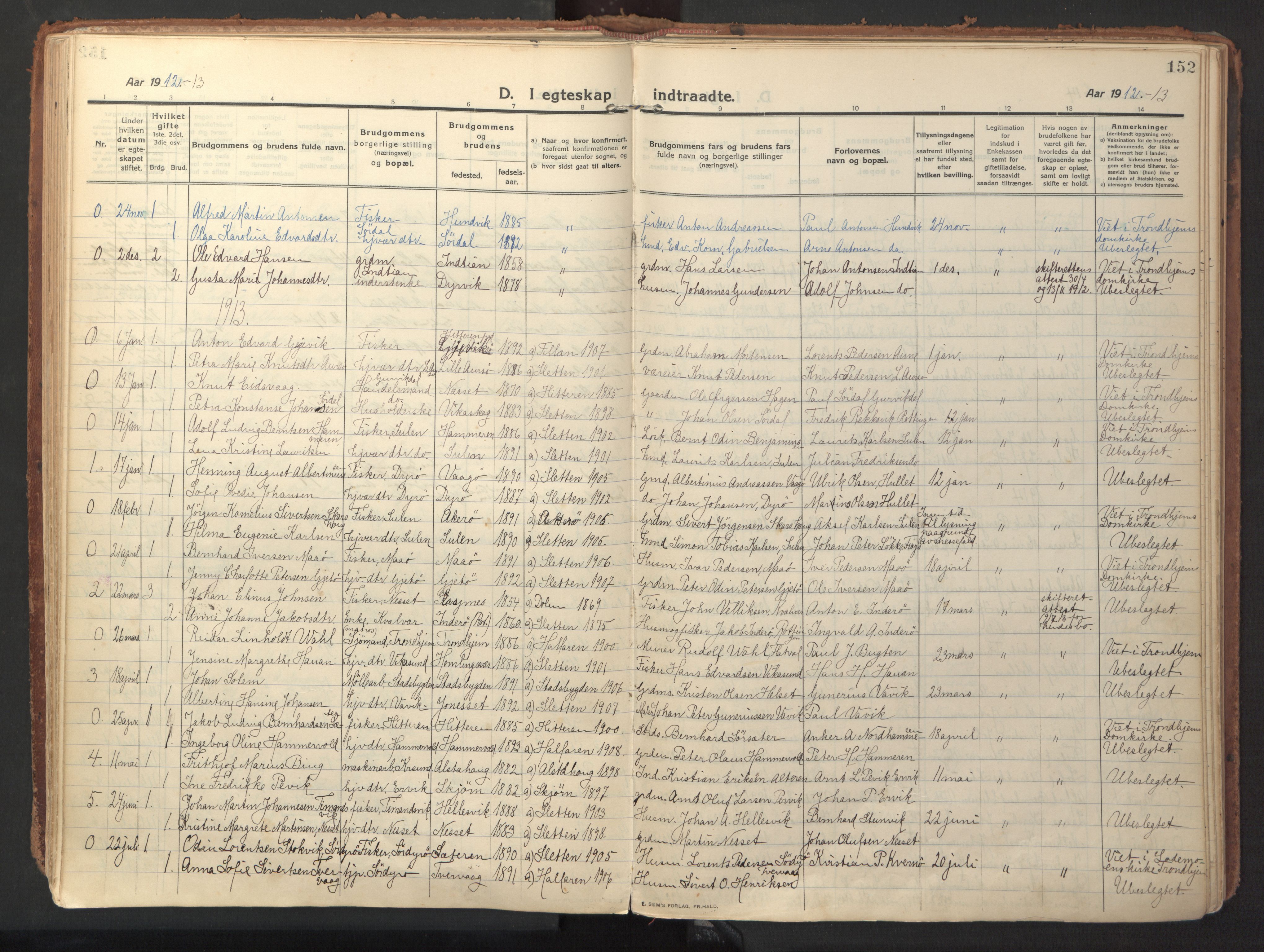 Ministerialprotokoller, klokkerbøker og fødselsregistre - Sør-Trøndelag, SAT/A-1456/640/L0581: Parish register (official) no. 640A06, 1910-1924, p. 152