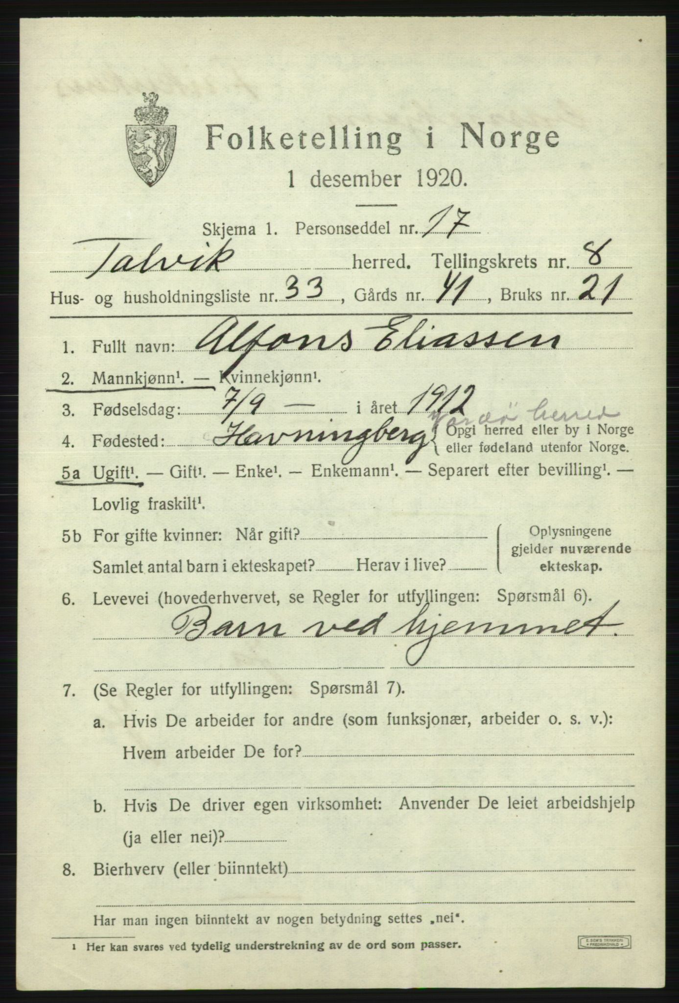 SATØ, 1920 census for Talvik, 1920, p. 5366
