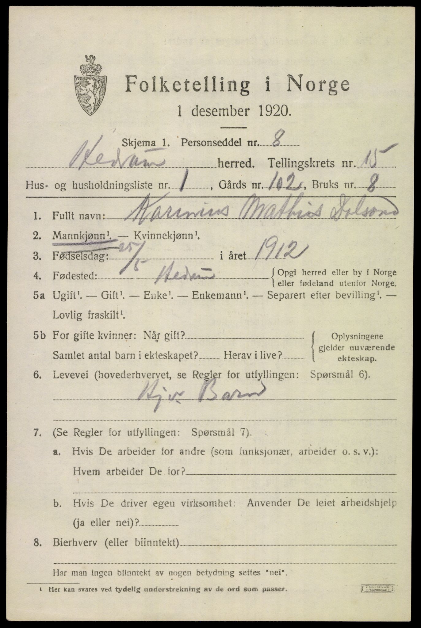 SAKO, 1920 census for Hedrum, 1920, p. 9897