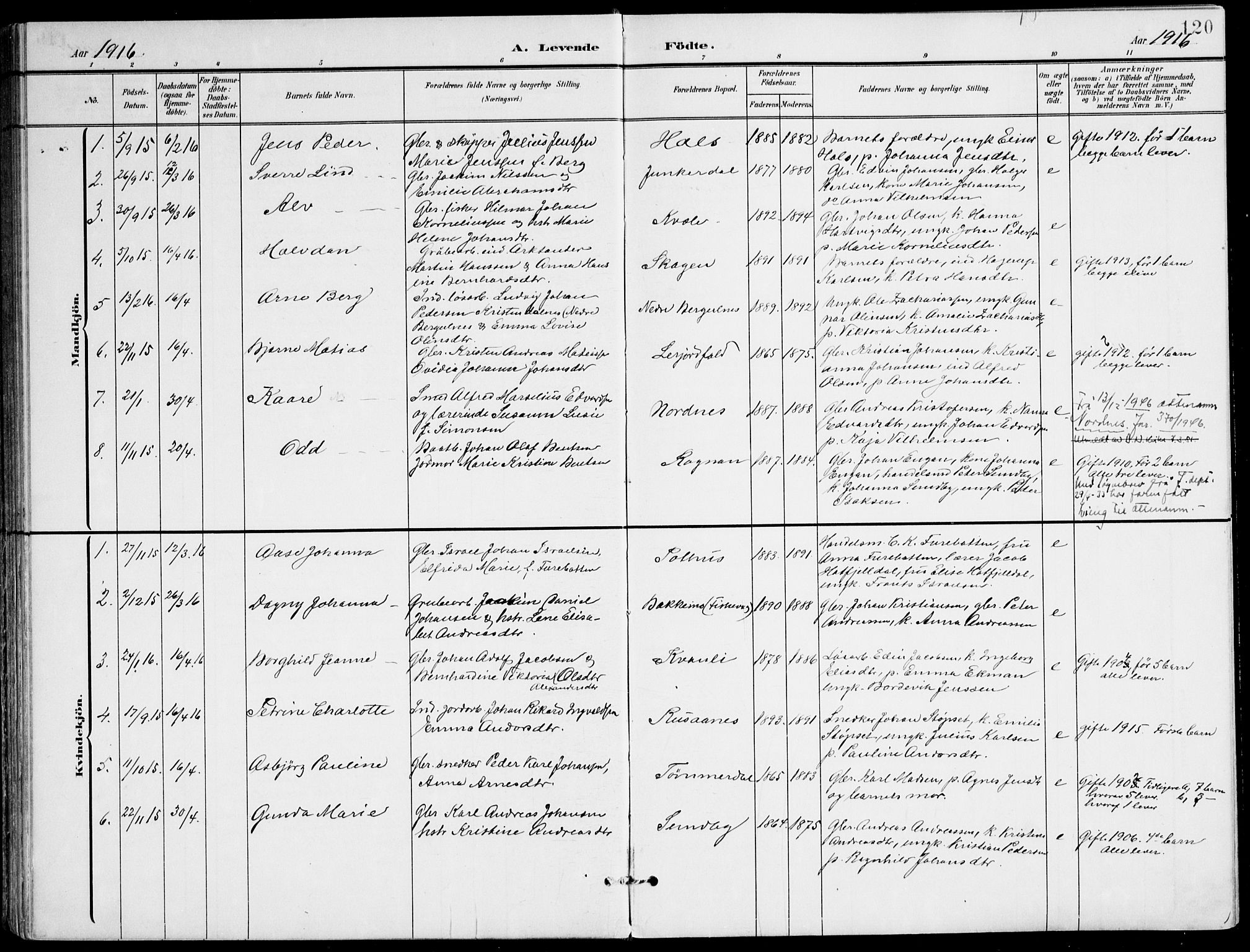 Ministerialprotokoller, klokkerbøker og fødselsregistre - Nordland, SAT/A-1459/847/L0672: Parish register (official) no. 847A12, 1902-1919, p. 120