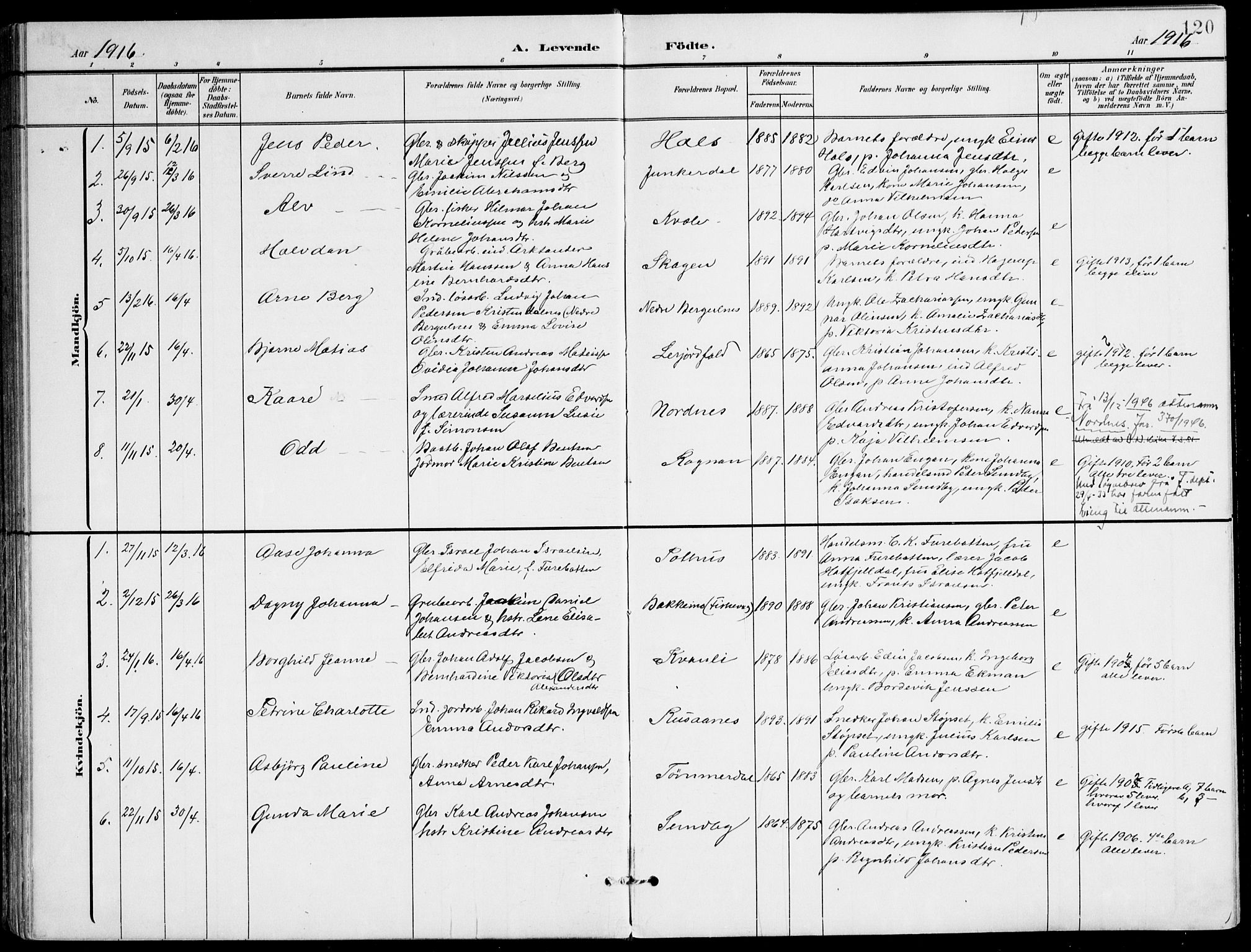 Ministerialprotokoller, klokkerbøker og fødselsregistre - Nordland, AV/SAT-A-1459/847/L0672: Parish register (official) no. 847A12, 1902-1919, p. 120