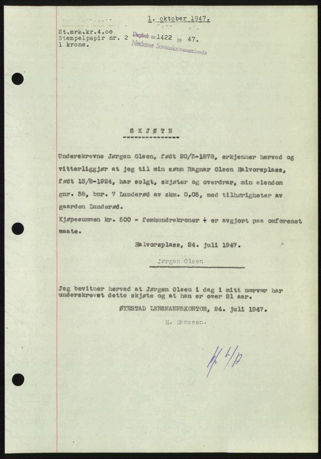 Nedenes sorenskriveri, SAK/1221-0006/G/Gb/Gba/L0058: Mortgage book no. A10, 1947-1948, Diary no: : 1422/1947