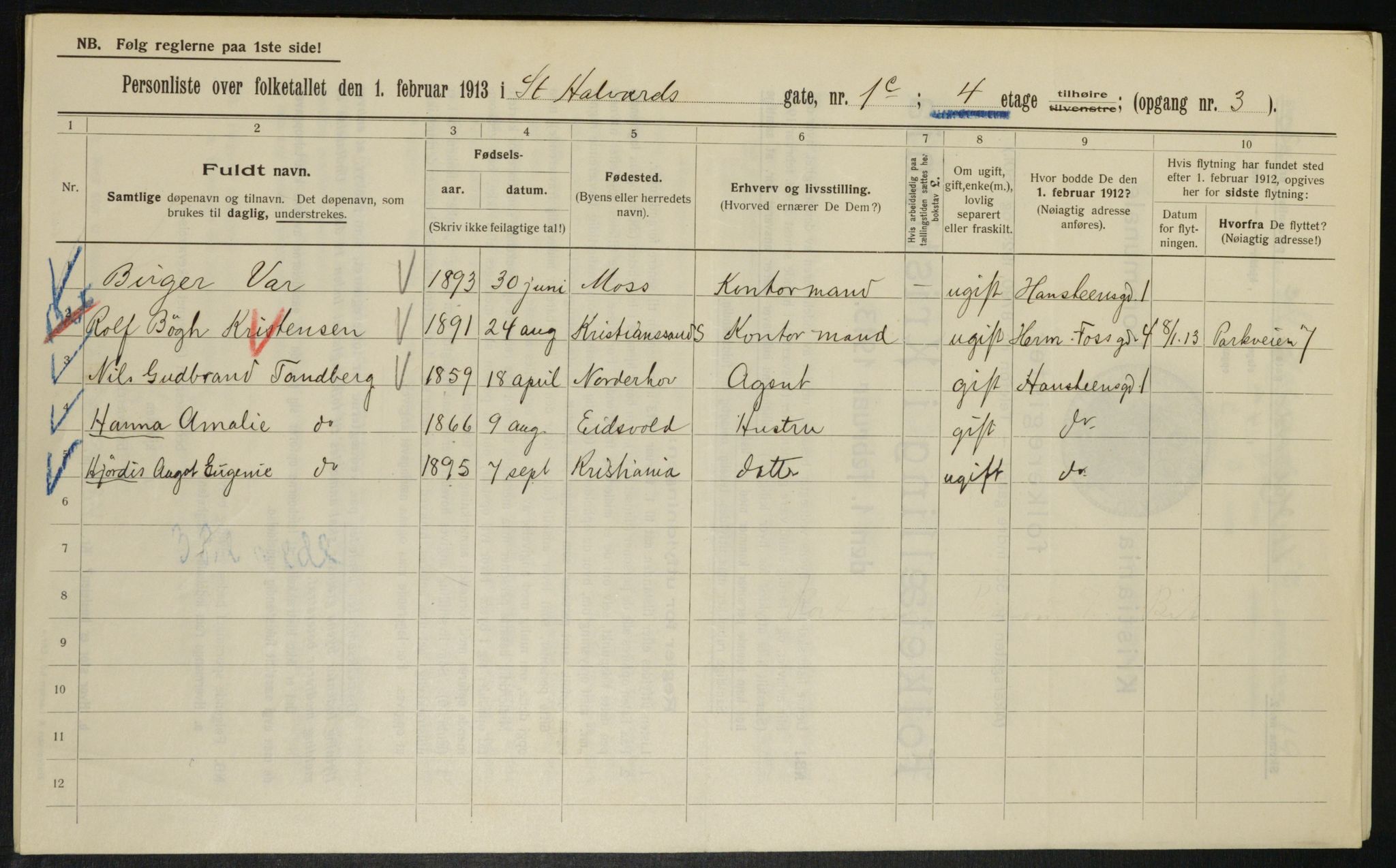 OBA, Municipal Census 1913 for Kristiania, 1913, p. 87431