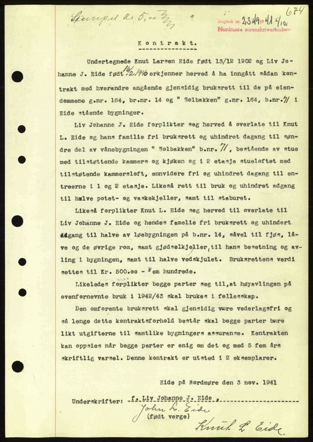 Nordmøre sorenskriveri, AV/SAT-A-4132/1/2/2Ca: Mortgage book no. B88, 1941-1942, Diary no: : 2349/1941