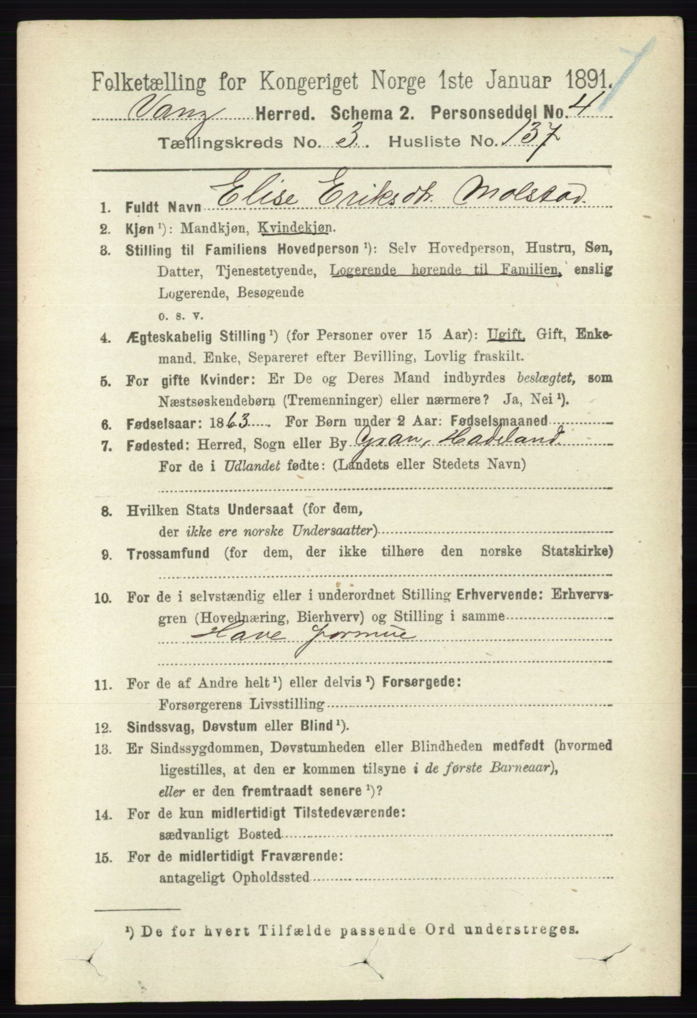 RA, 1891 census for 0414 Vang, 1891, p. 2622