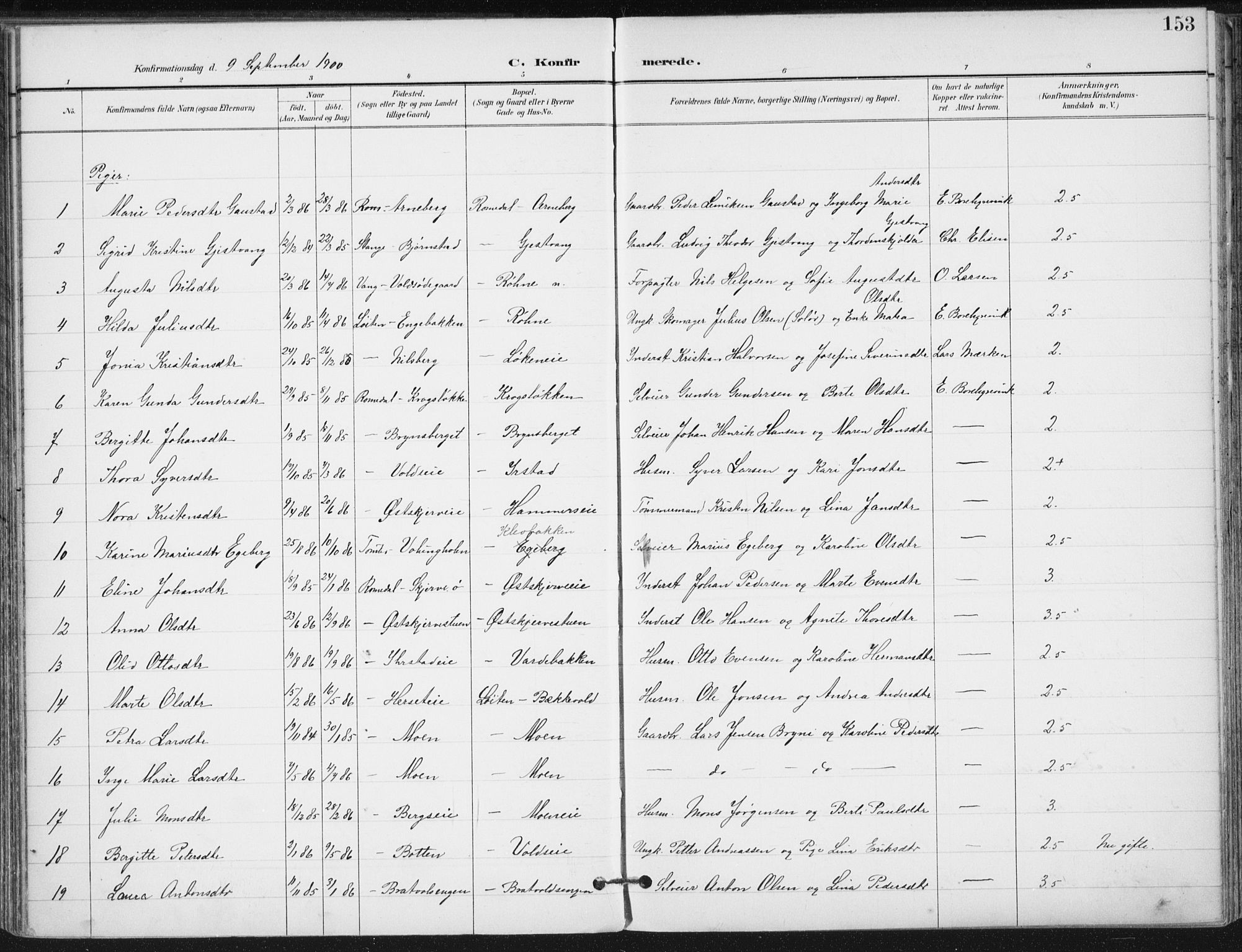 Romedal prestekontor, SAH/PREST-004/K/L0011: Parish register (official) no. 11, 1896-1912, p. 153