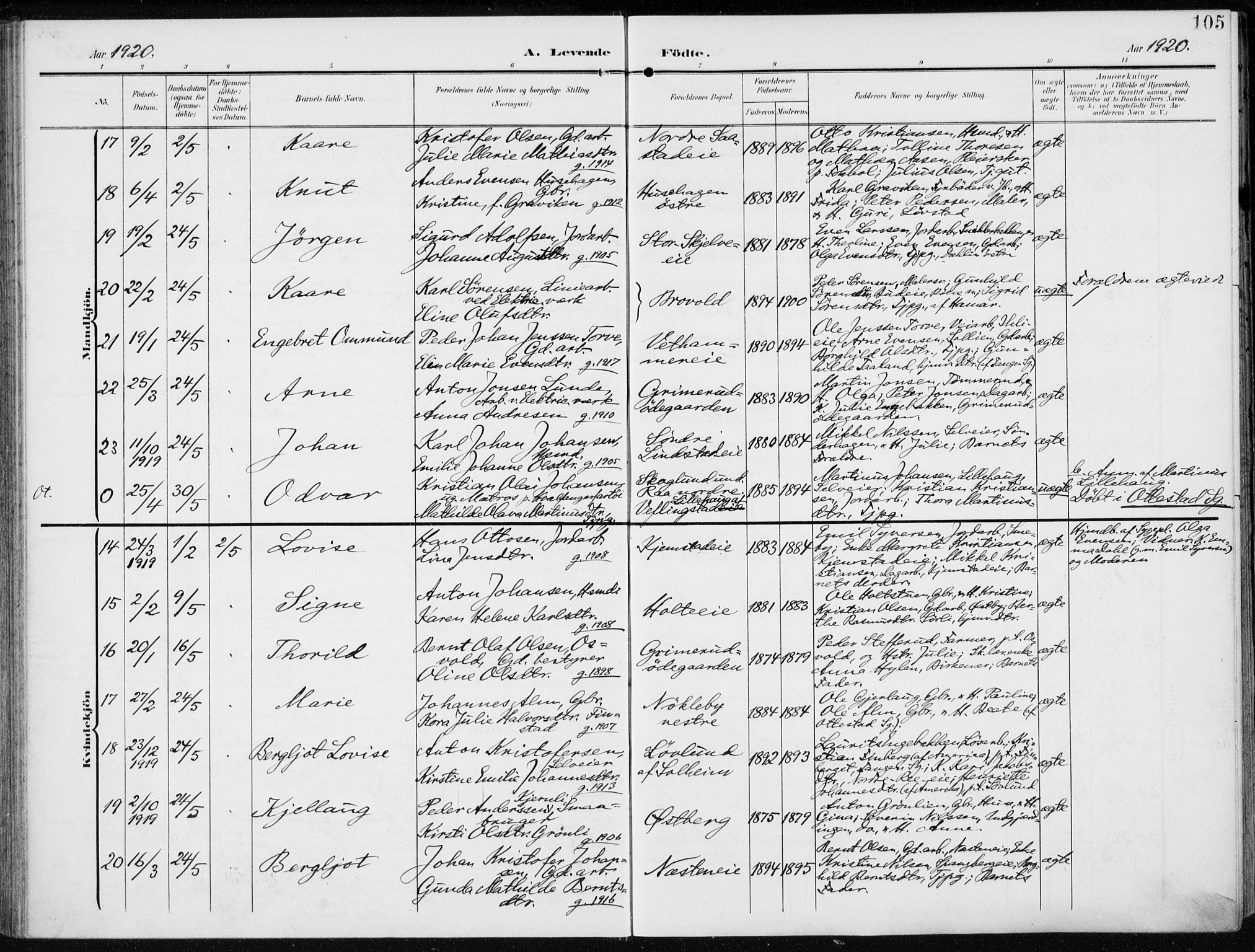Stange prestekontor, SAH/PREST-002/K/L0024: Parish register (official) no. 24, 1906-1922, p. 105