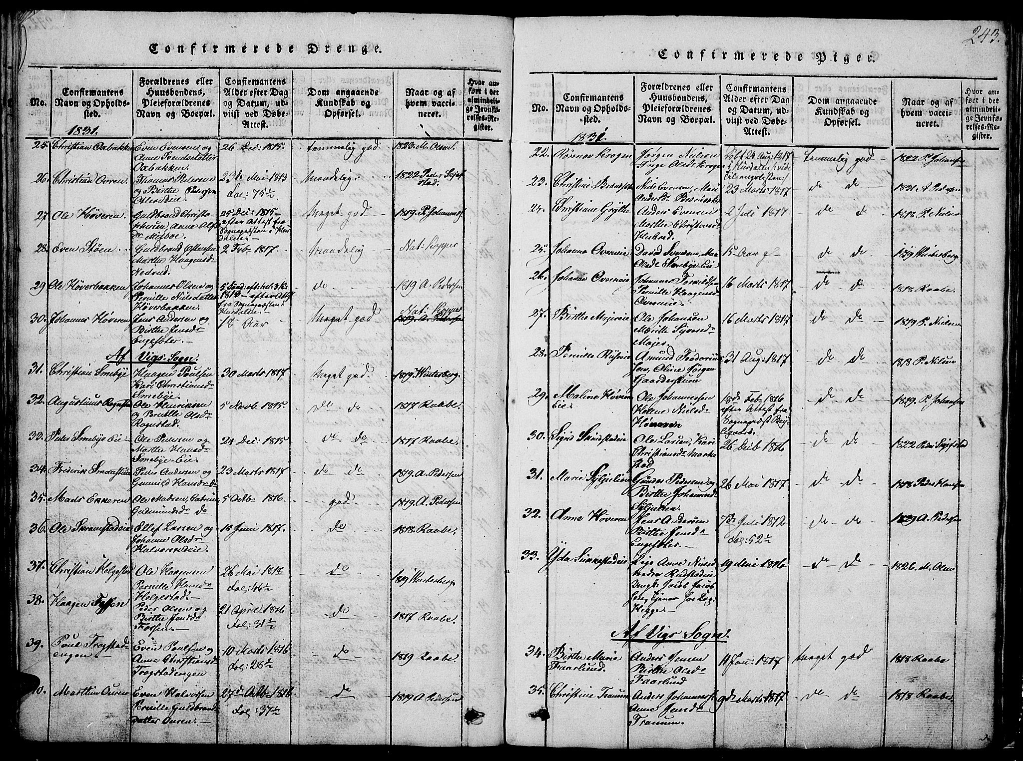 Østre Toten prestekontor, AV/SAH-PREST-104/H/Ha/Hab/L0001: Parish register (copy) no. 1, 1827-1839, p. 243