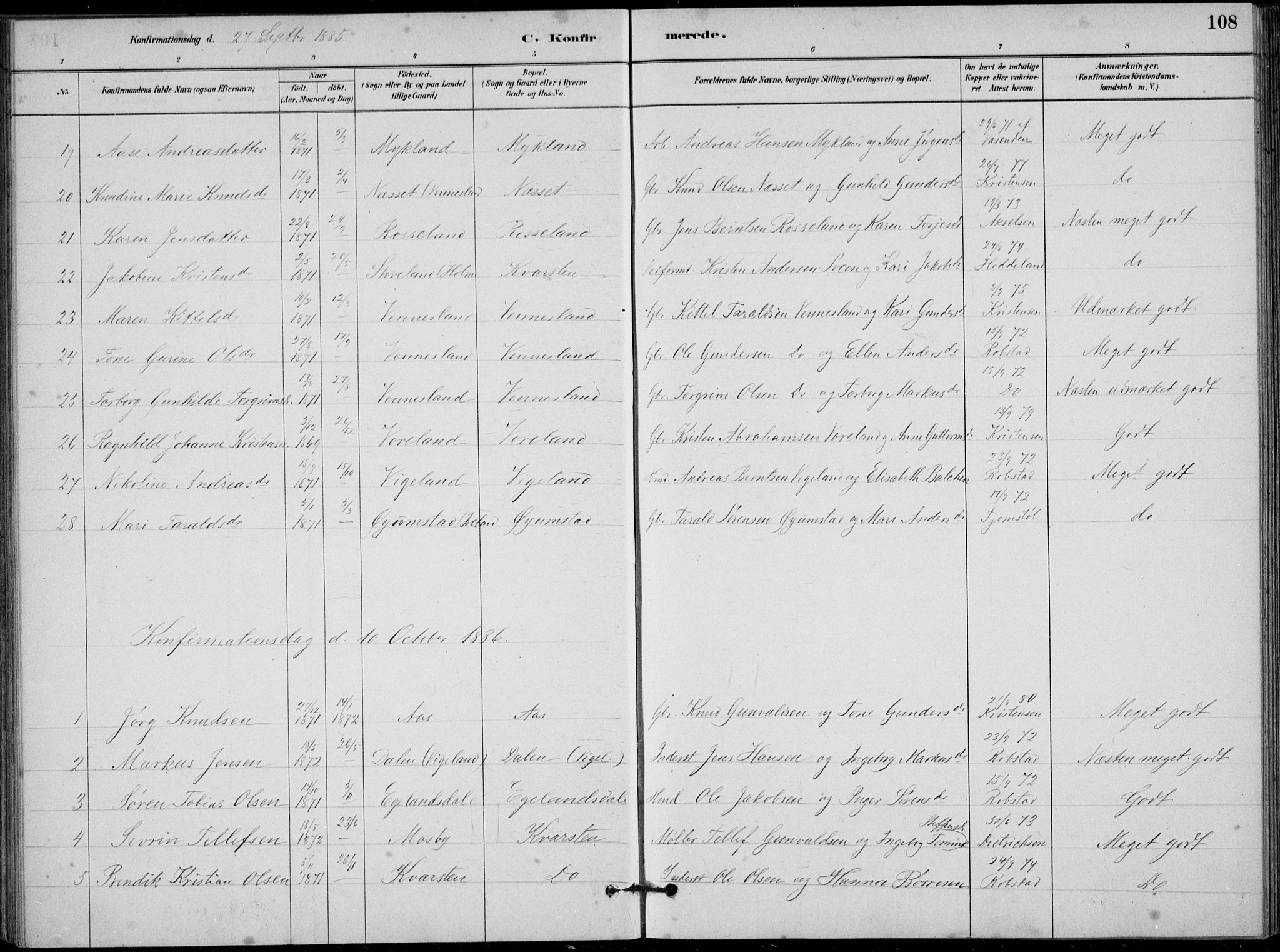 Vennesla sokneprestkontor, AV/SAK-1111-0045/Fb/Fbb/L0003: Parish register (copy) no. B 3, 1879-1893, p. 108