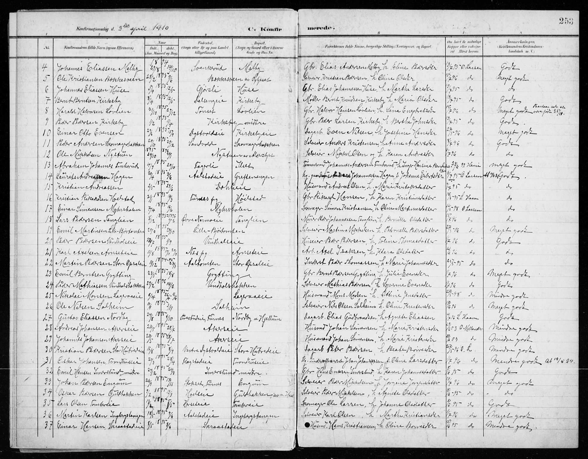 Vang prestekontor, Hedmark, AV/SAH-PREST-008/H/Ha/Haa/L0021: Parish register (official) no. 21, 1902-1917, p. 253