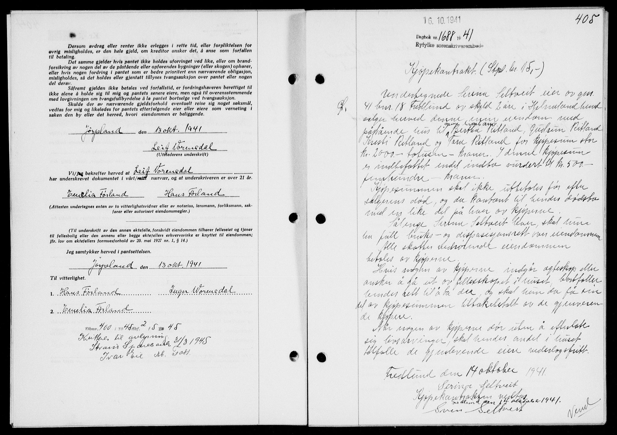 Ryfylke tingrett, SAST/A-100055/001/II/IIB/L0083: Mortgage book no. 62, 1941-1941, Diary no: : 1388/1941