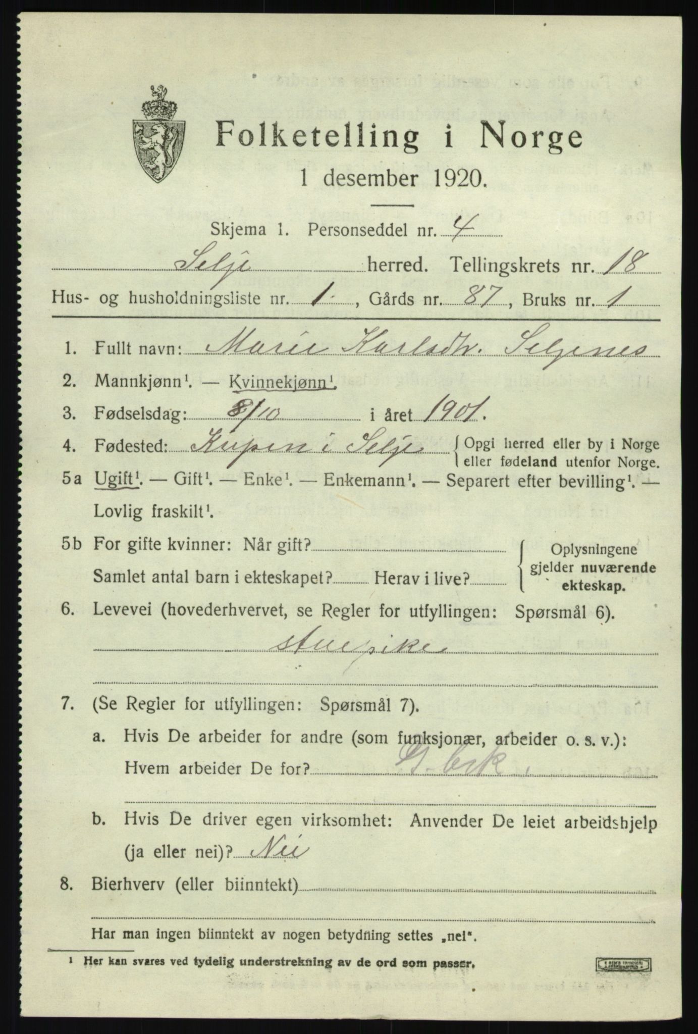 SAB, 1920 census for Selje, 1920, p. 7845