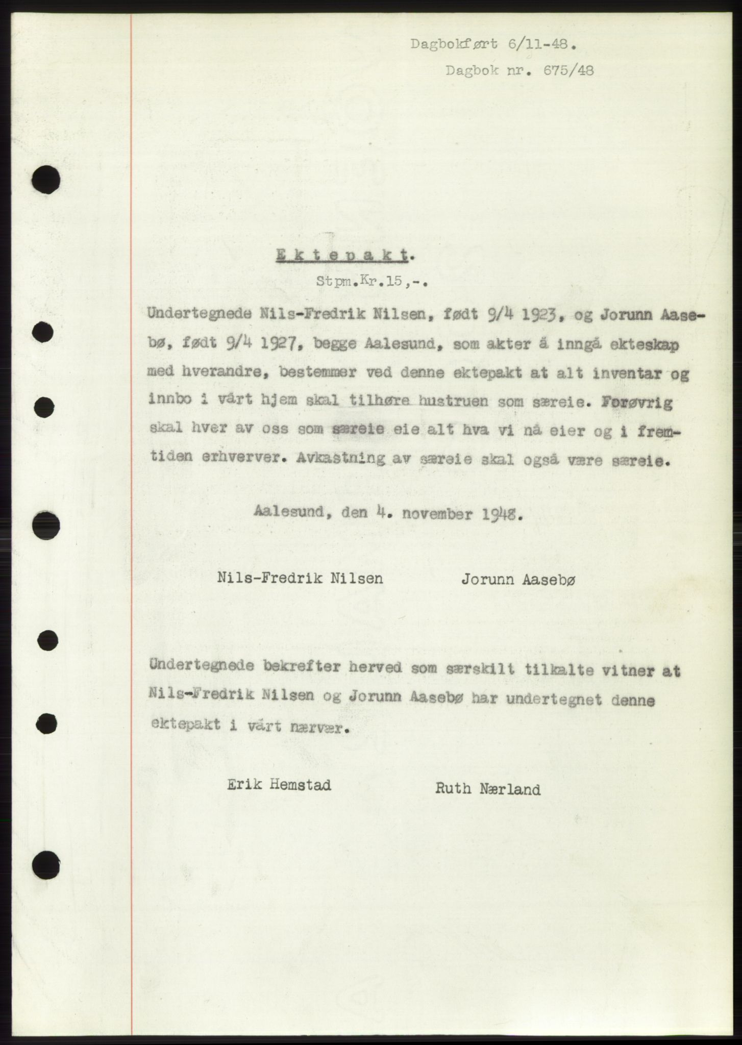 Ålesund byfogd, AV/SAT-A-4384: Mortgage book no. B36-38, 1948-1950, Diary no: : 675/1948