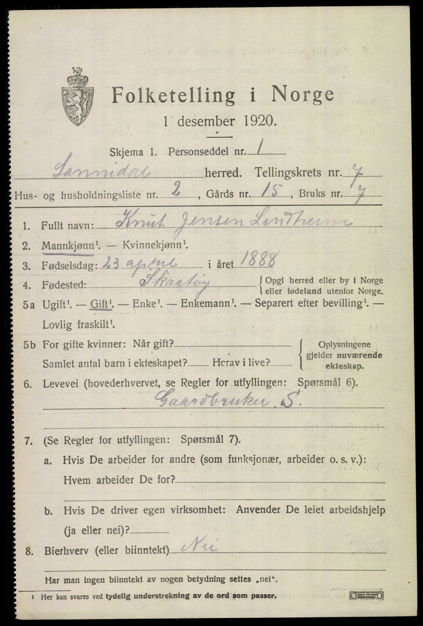 SAKO, 1920 census for Sannidal, 1920, p. 4921