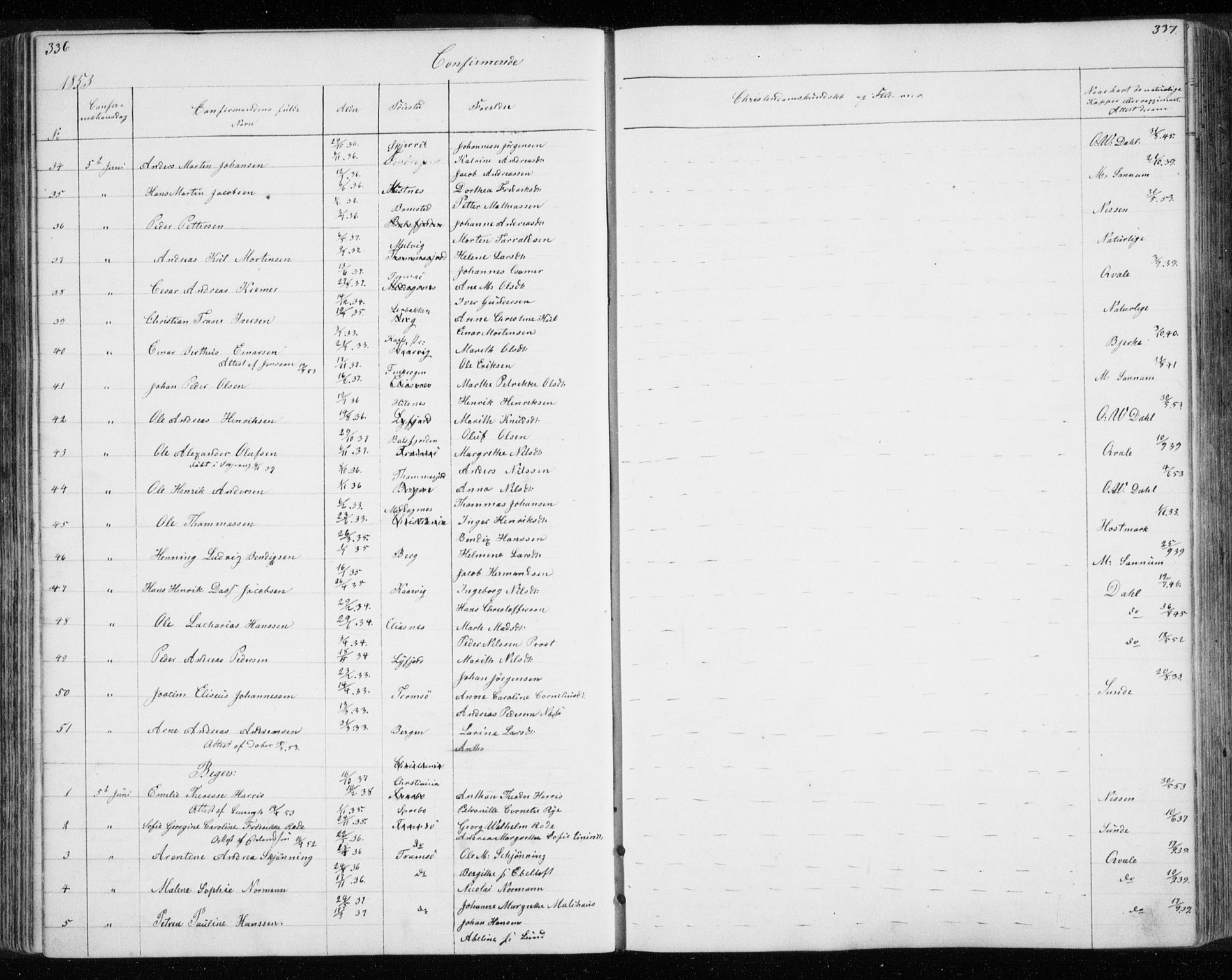 Tromsø sokneprestkontor/stiftsprosti/domprosti, SATØ/S-1343/G/Gb/L0005klokker: Parish register (copy) no. 5, 1846-1857, p. 336-337