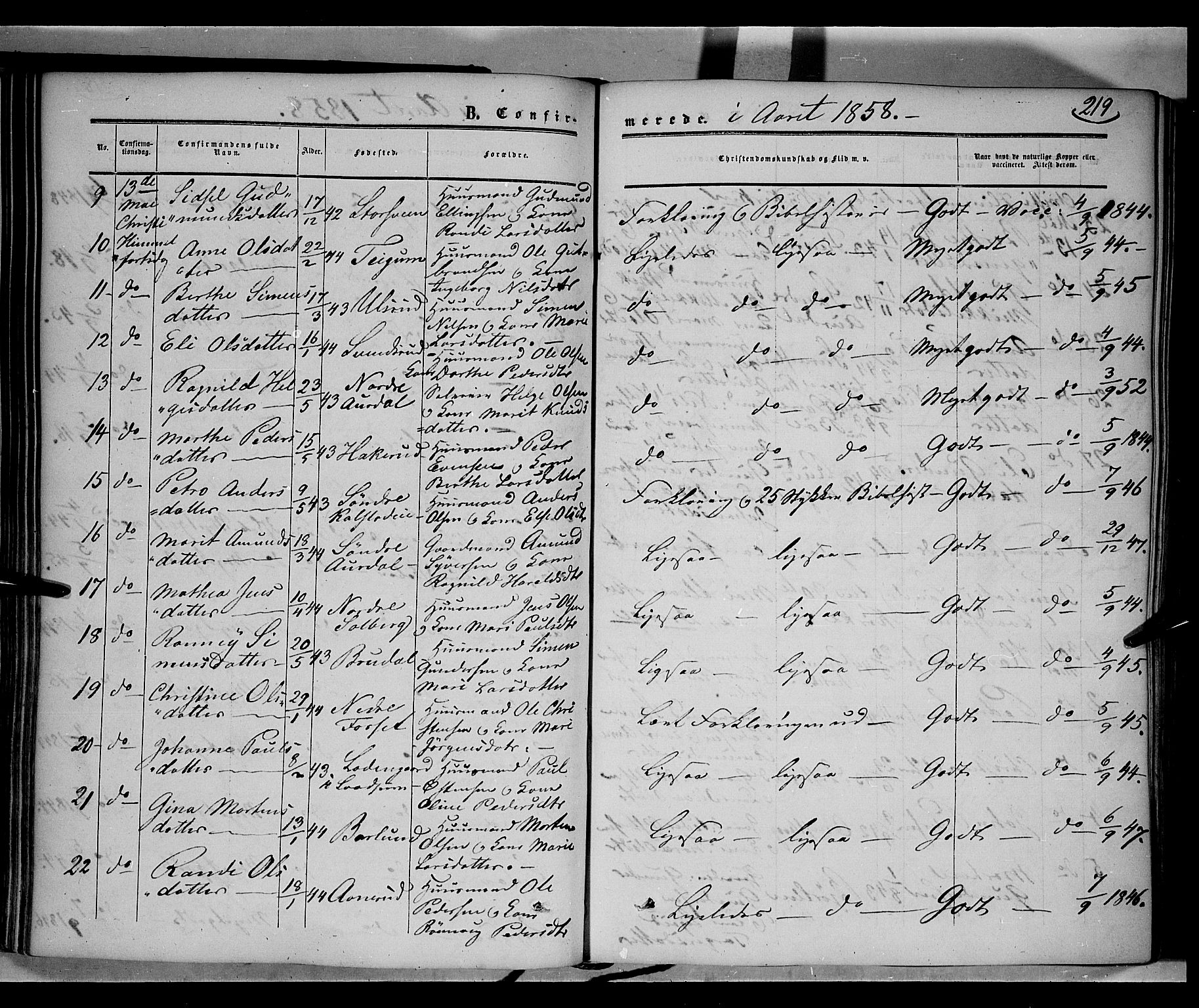 Gausdal prestekontor, AV/SAH-PREST-090/H/Ha/Haa/L0008: Parish register (official) no. 8, 1850-1861, p. 219