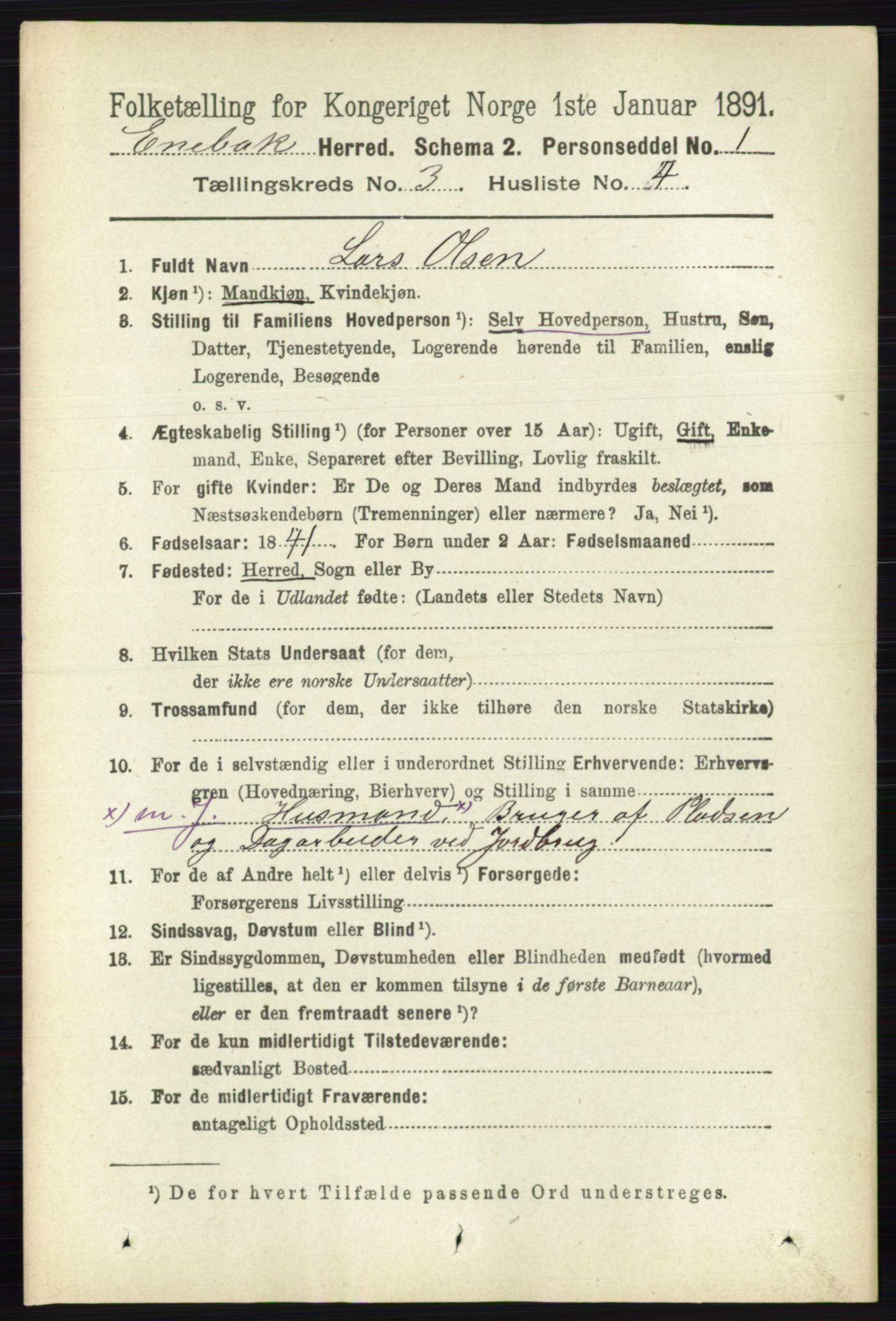 RA, 1891 census for 0229 Enebakk, 1891, p. 1137