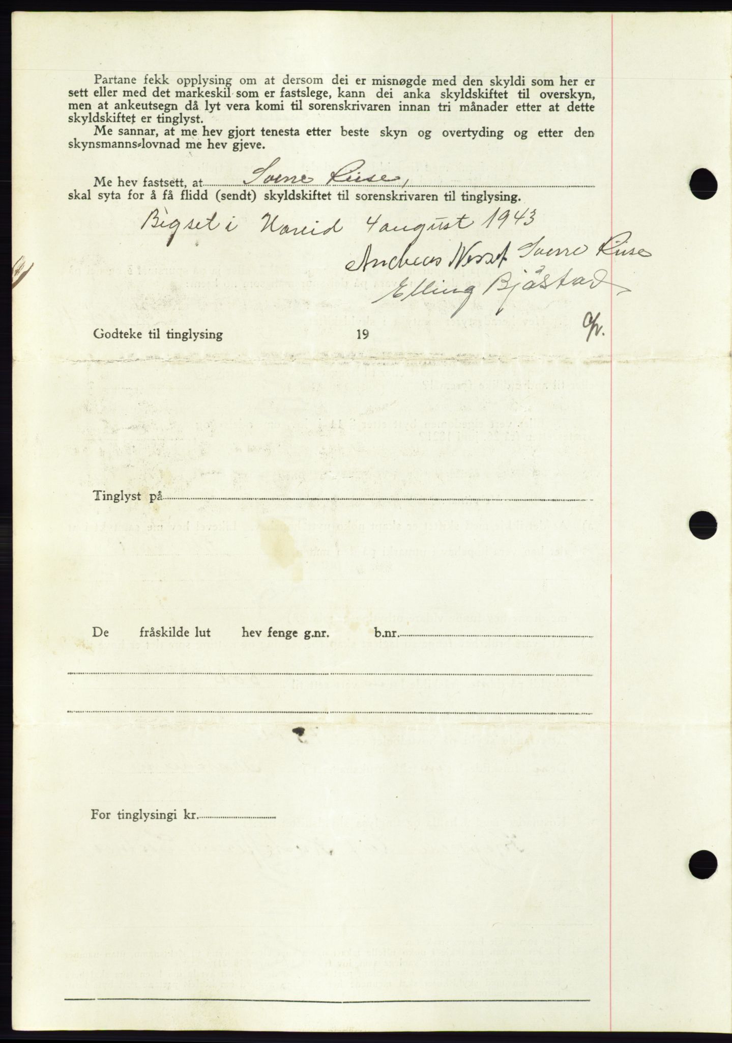 Søre Sunnmøre sorenskriveri, AV/SAT-A-4122/1/2/2C/L0075: Mortgage book no. 1A, 1943-1943, Diary no: : 697/1943
