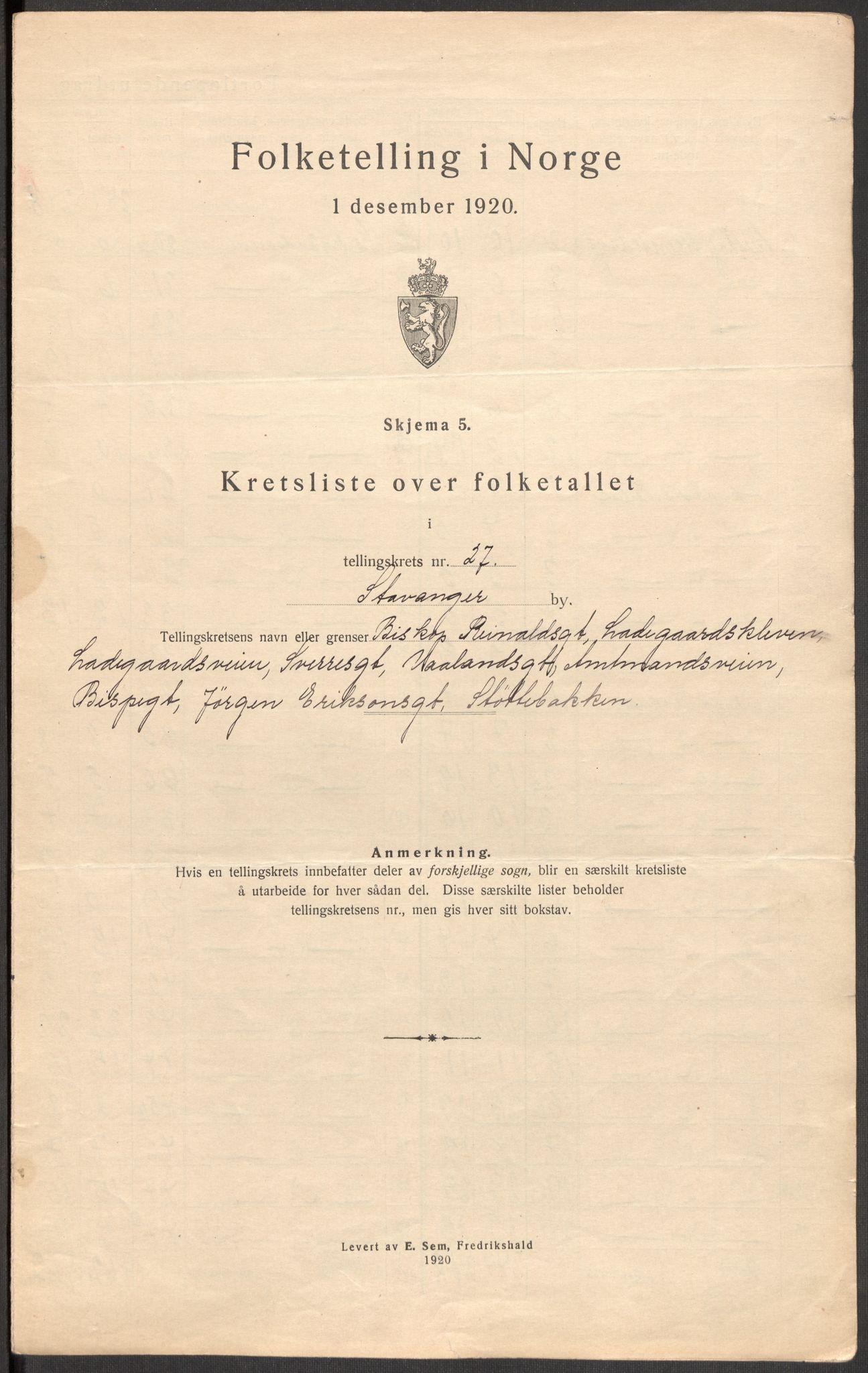 SAST, 1920 census for Stavanger, 1920, p. 86