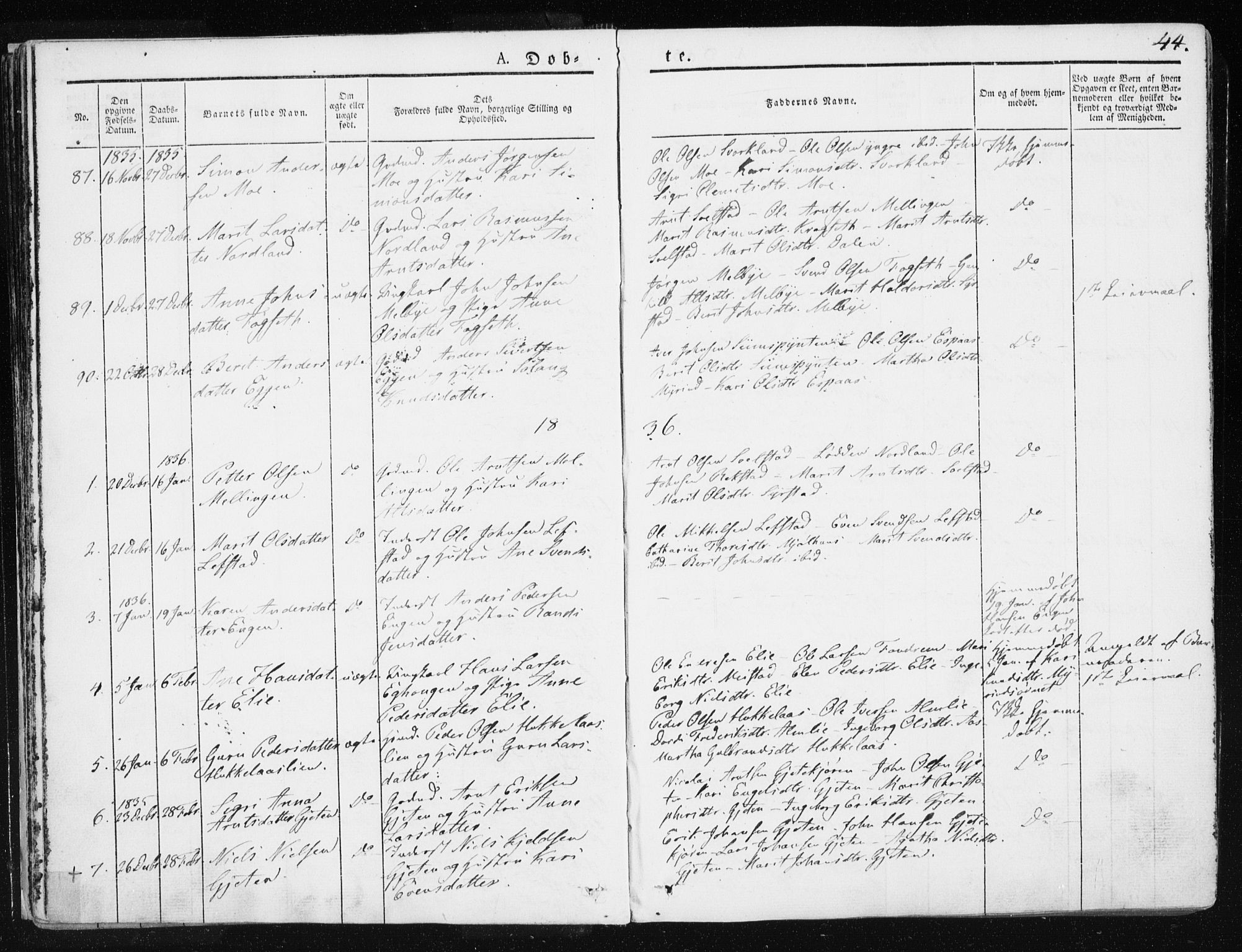 Ministerialprotokoller, klokkerbøker og fødselsregistre - Sør-Trøndelag, SAT/A-1456/665/L0771: Parish register (official) no. 665A06, 1830-1856, p. 44