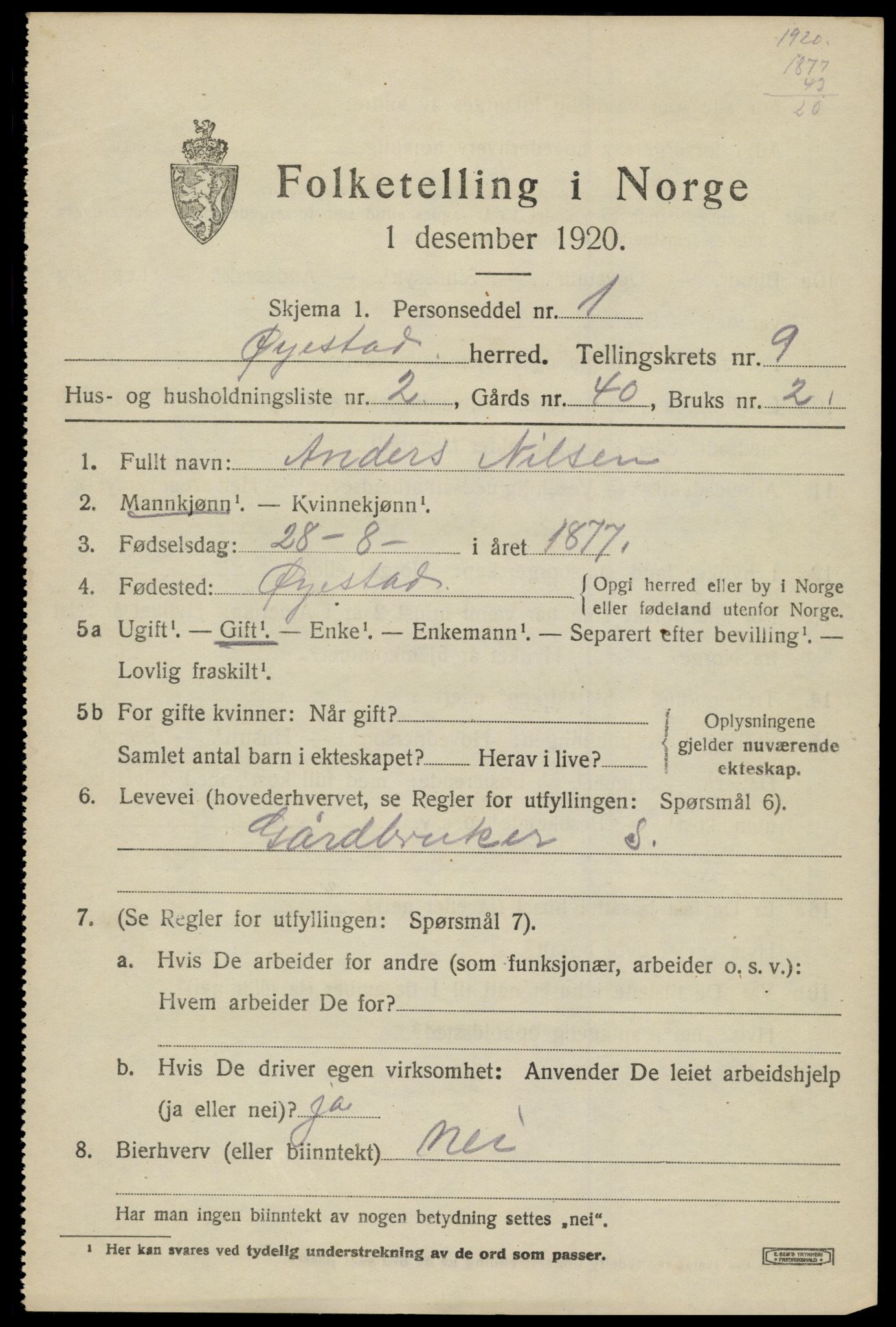 SAK, 1920 census for Øyestad, 1920, p. 5926