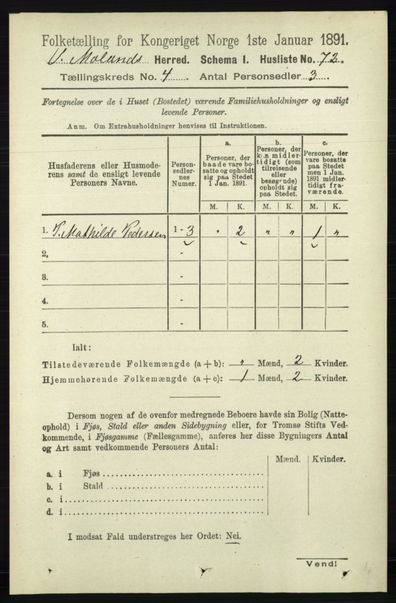 RA, 1891 census for 0926 Vestre Moland, 1891, p. 1215