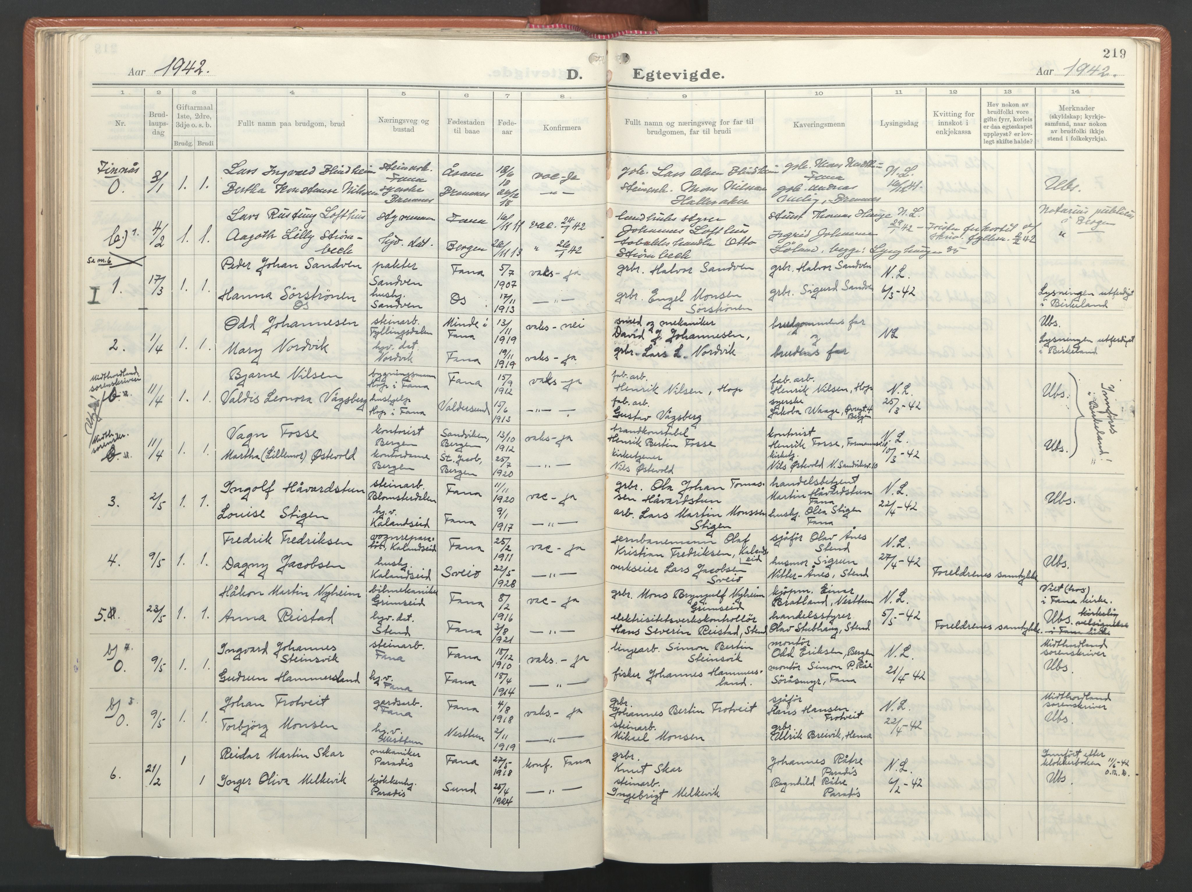 Fana Sokneprestembete, AV/SAB-A-75101/H/Haa/Haab/L0007: Parish register (official) no. B 7, 1934-1947, p. 219