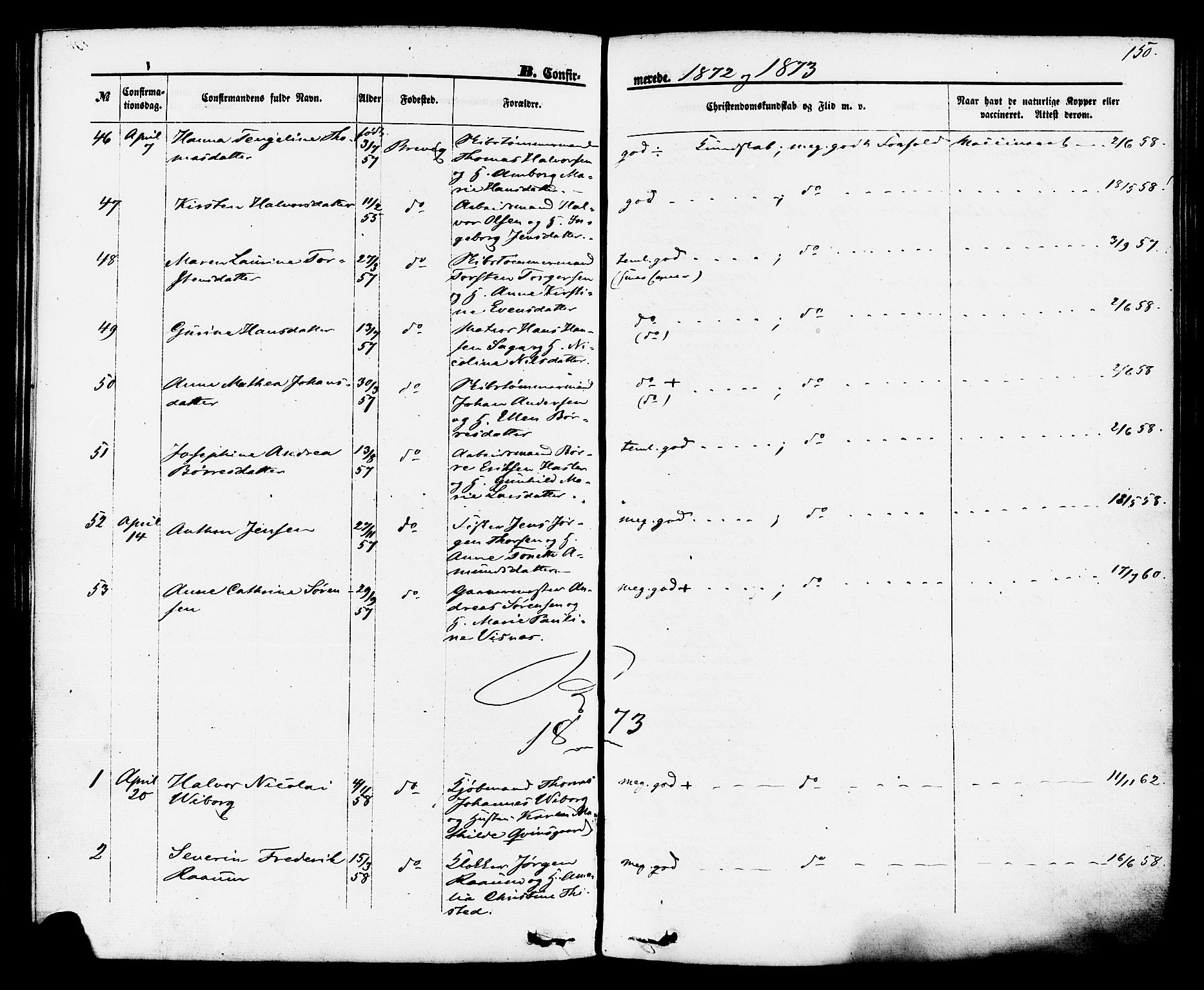 Brevik kirkebøker, SAKO/A-255/F/Fa/L0006: Parish register (official) no. 6, 1866-1881, p. 150