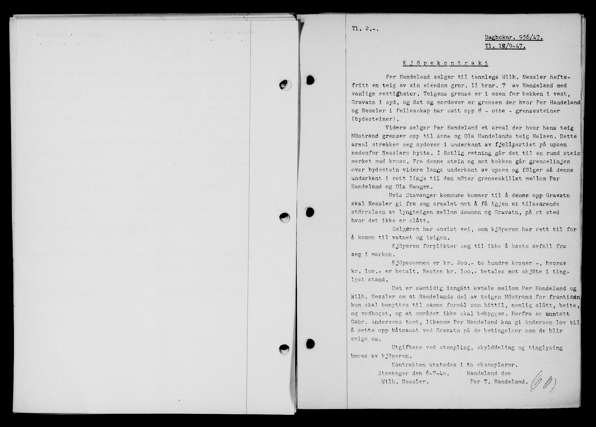 Flekkefjord sorenskriveri, SAK/1221-0001/G/Gb/Gba/L0062: Mortgage book no. A-10, 1947-1947, Diary no: : 956/1947