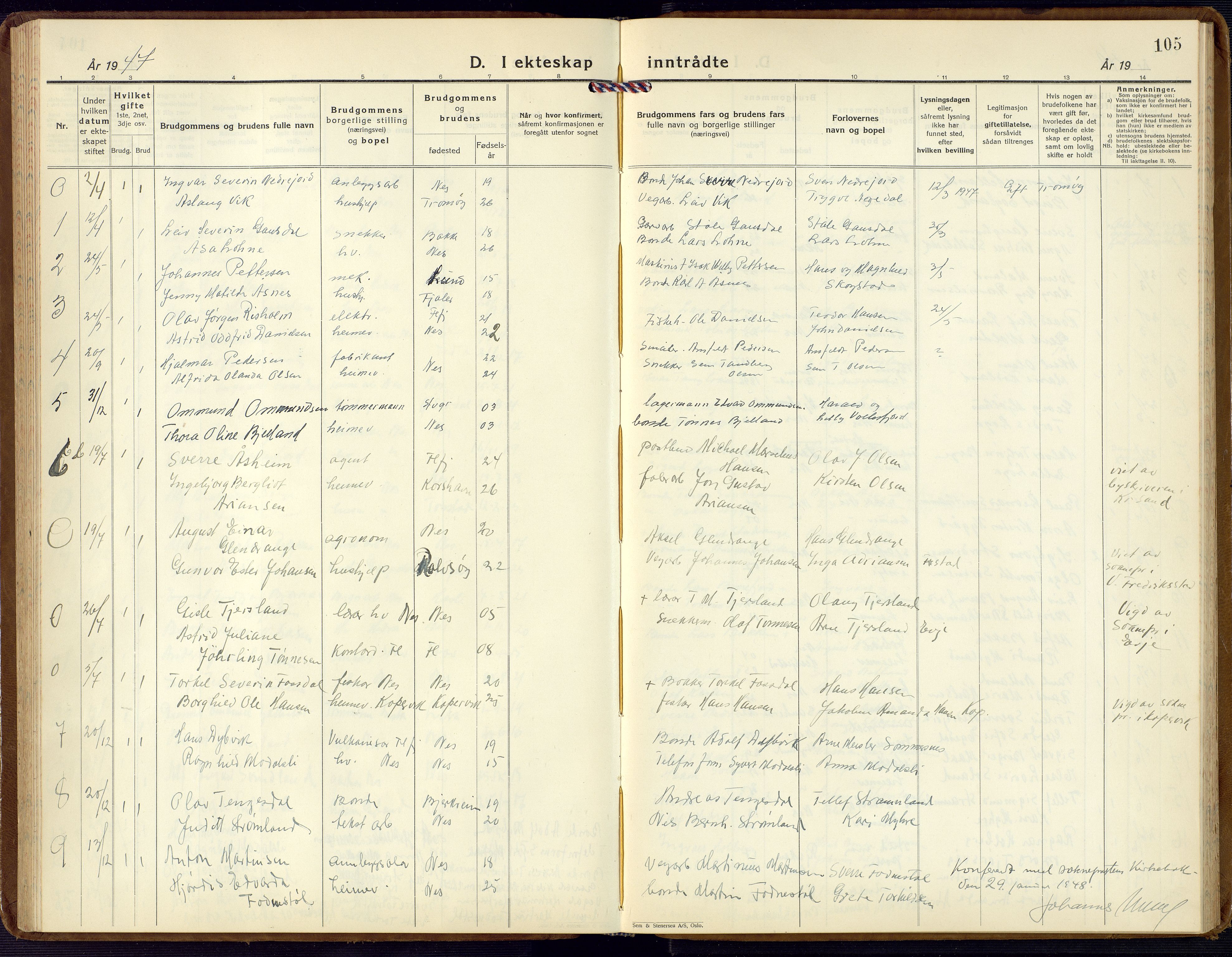 Flekkefjord sokneprestkontor, AV/SAK-1111-0012/F/Fb/Fbc/L0009: Parish register (copy) no. B 9, 1932-1965, p. 105