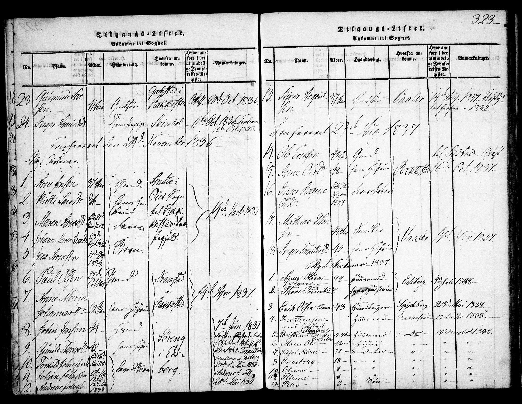 Skiptvet prestekontor Kirkebøker, AV/SAO-A-20009/F/Fa/L0005: Parish register (official) no. 5, 1814-1838, p. 323