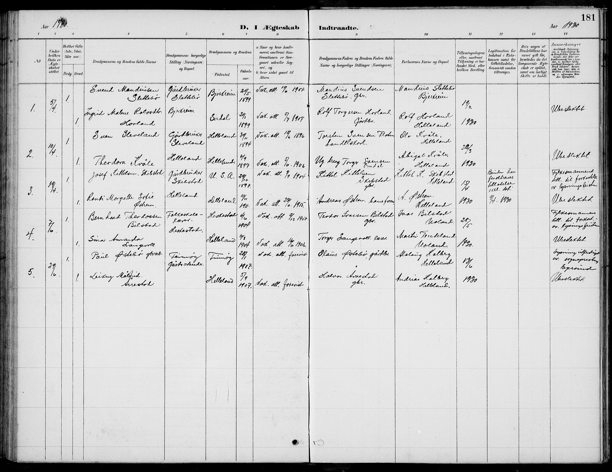 Helleland sokneprestkontor, AV/SAST-A-101810: Parish register (copy) no. B 4, 1887-1941, p. 181