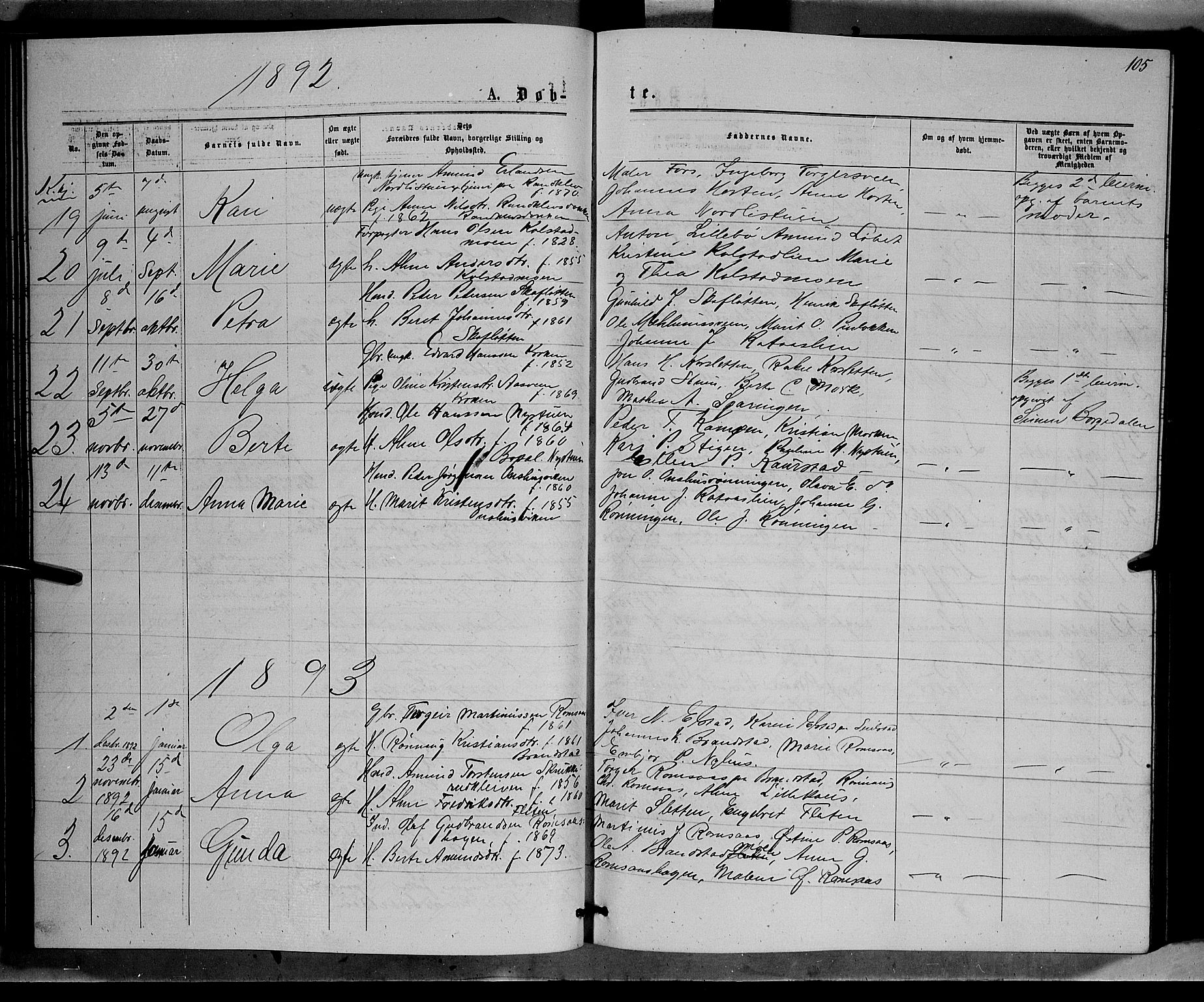 Ringebu prestekontor, SAH/PREST-082/H/Ha/Hab/L0006: Parish register (copy) no. 6, 1880-1898, p. 105