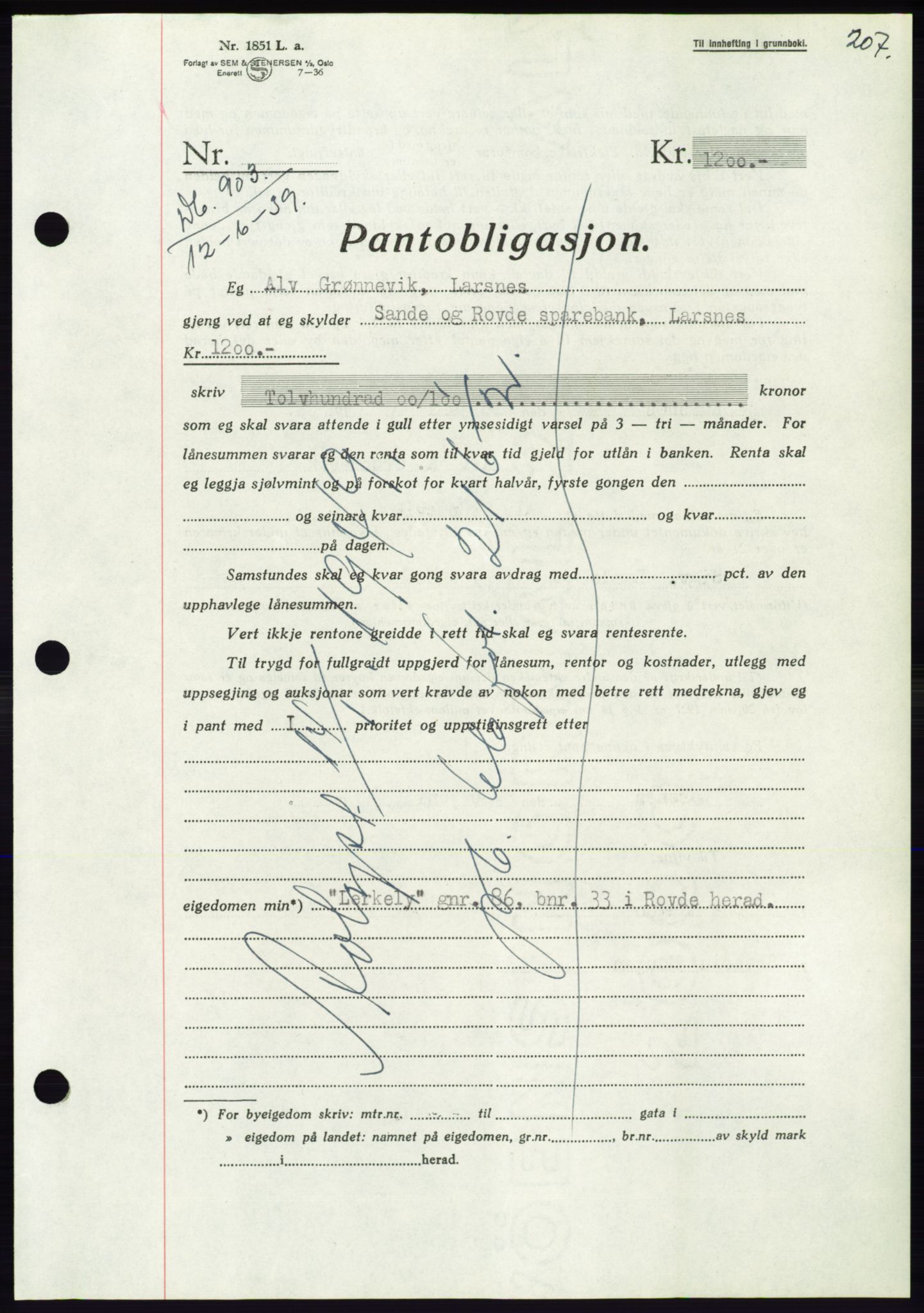 Søre Sunnmøre sorenskriveri, AV/SAT-A-4122/1/2/2C/L0068: Mortgage book no. 62, 1939-1939, Diary no: : 903/1939