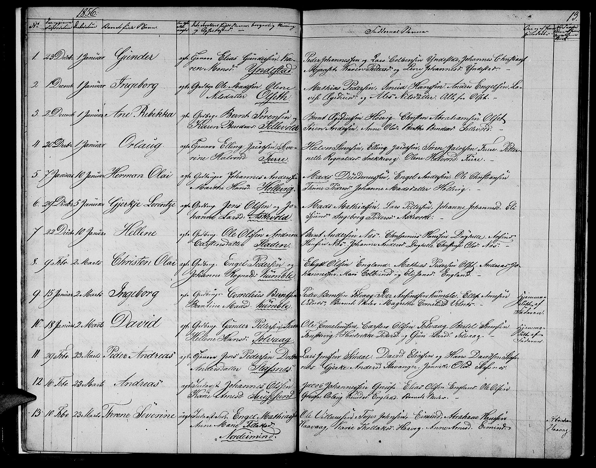 Askvoll sokneprestembete, AV/SAB-A-79501/H/Hab/Haba/L0001: Parish register (copy) no. A 1, 1853-1872, p. 13