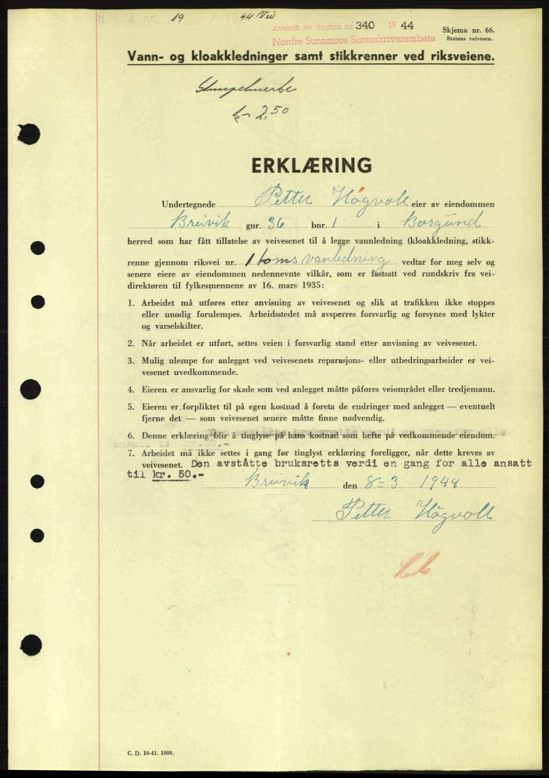 Nordre Sunnmøre sorenskriveri, AV/SAT-A-0006/1/2/2C/2Ca: Mortgage book no. A17, 1943-1944, Diary no: : 340/1944