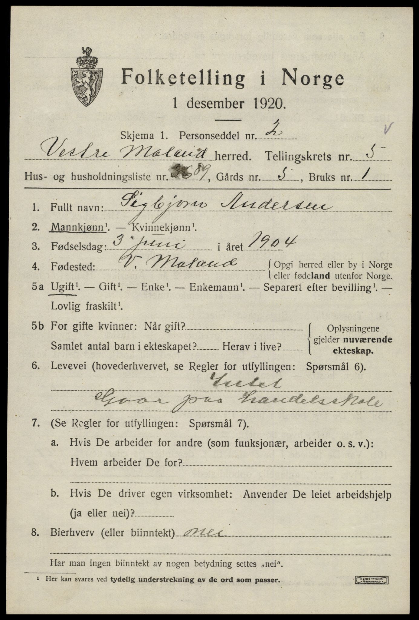 SAK, 1920 census for Vestre Moland, 1920, p. 4601