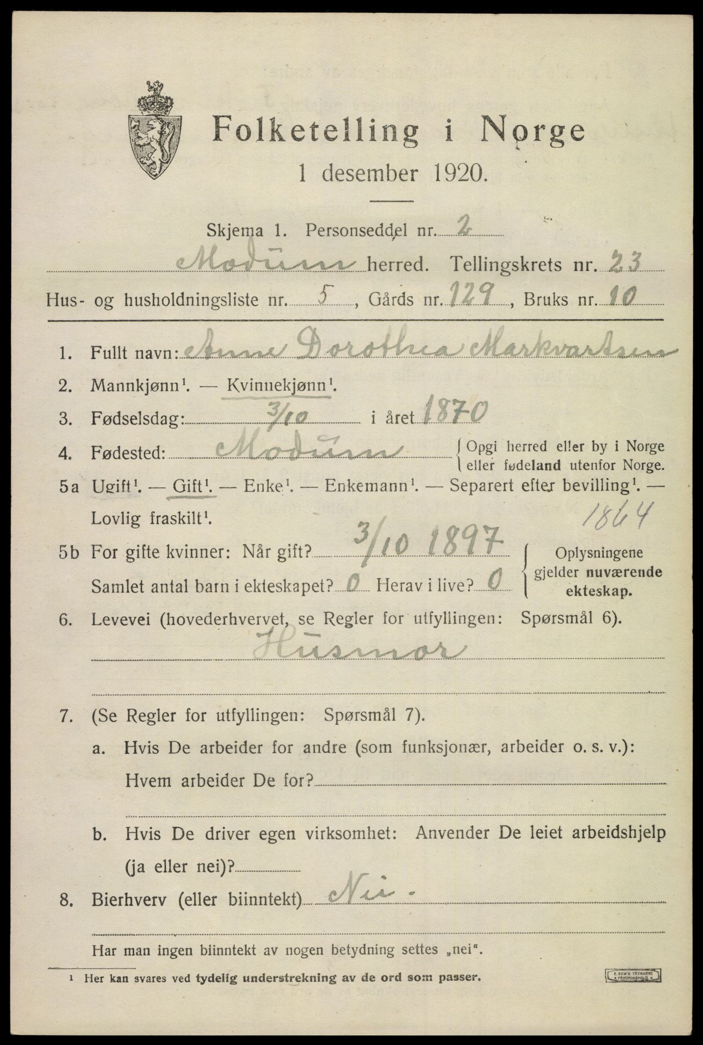 SAKO, 1920 census for Modum, 1920, p. 23445