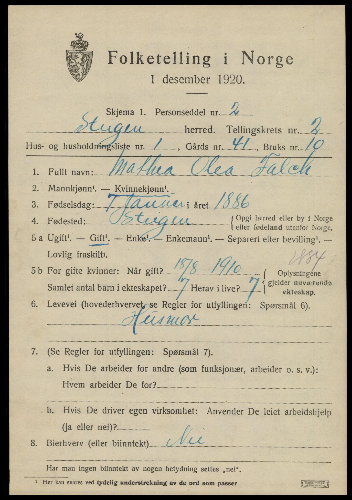 SAT, 1920 census for Steigen, 1920, p. 1122